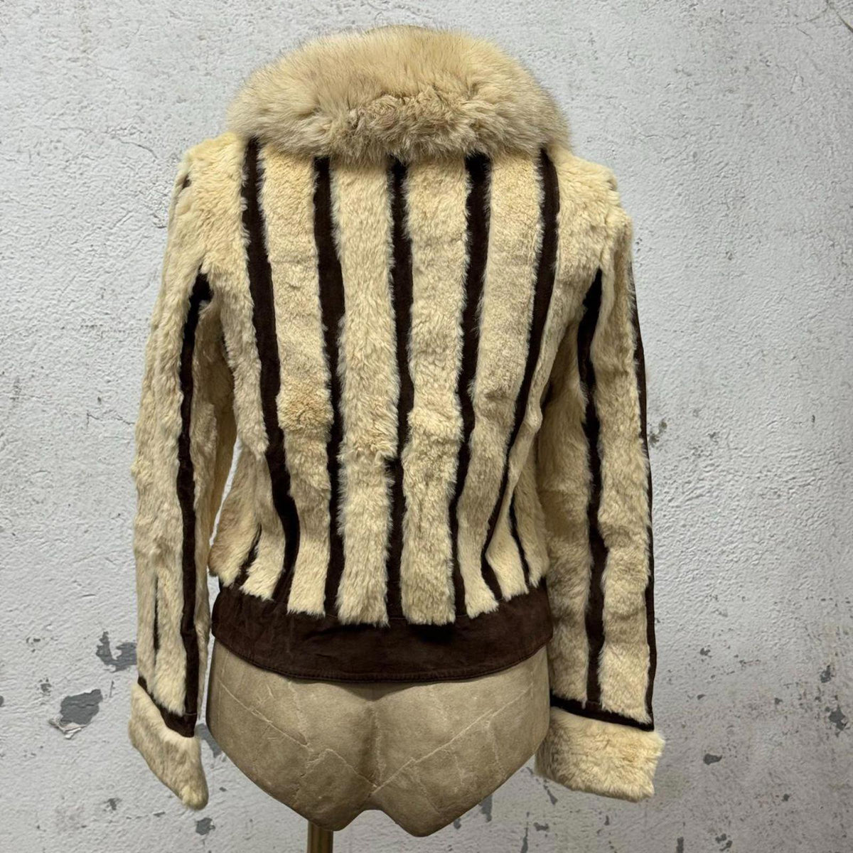 Vintage Y2K Striped Rabbit Fur & Suede Jacket Fox Collar Coat