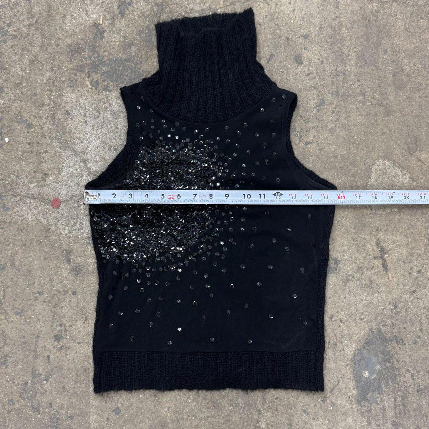 Vintage Black Mohair Turtleneck Knit Top with Sequin Panel S