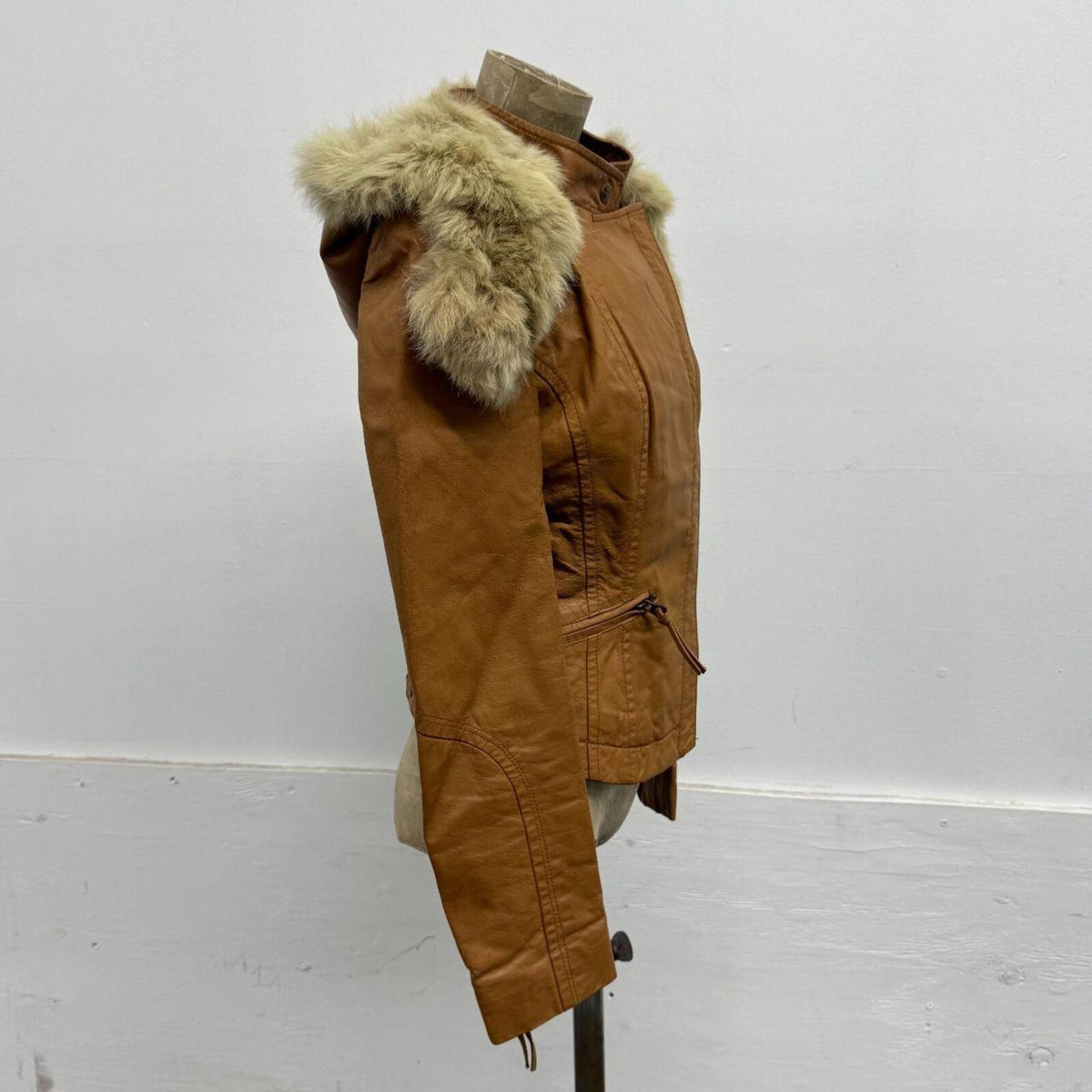 Vintage Tan Rabbit Fur Split Hood Multi-wear Asymmetrical Leather Jacket