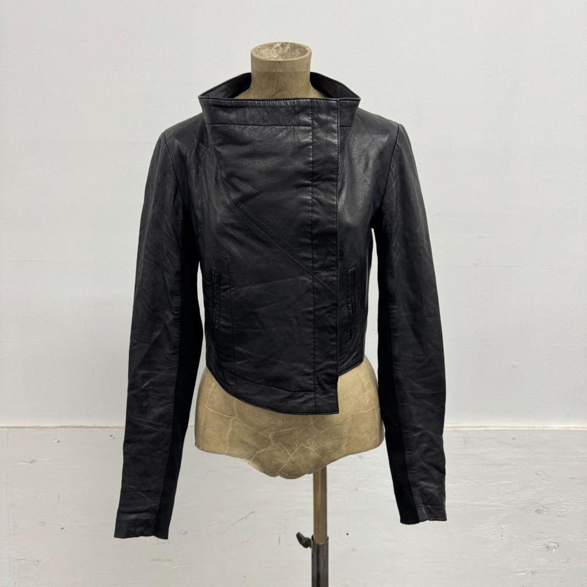 Vintage Crop Black Funnel Neck Asymmetric Avant Garde Leather Jacket
