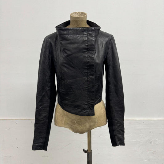 Vintage Crop Black Funnel Neck Asymmetric Avant Garde Leather Jacket