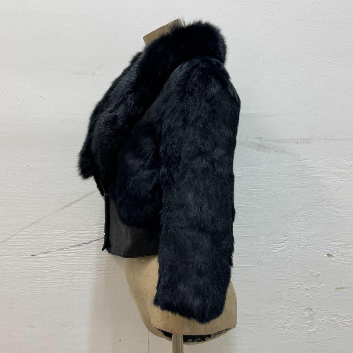 Y2K Vintage Black Rabbit & Fox Fur Leather Crop Jacket Coat