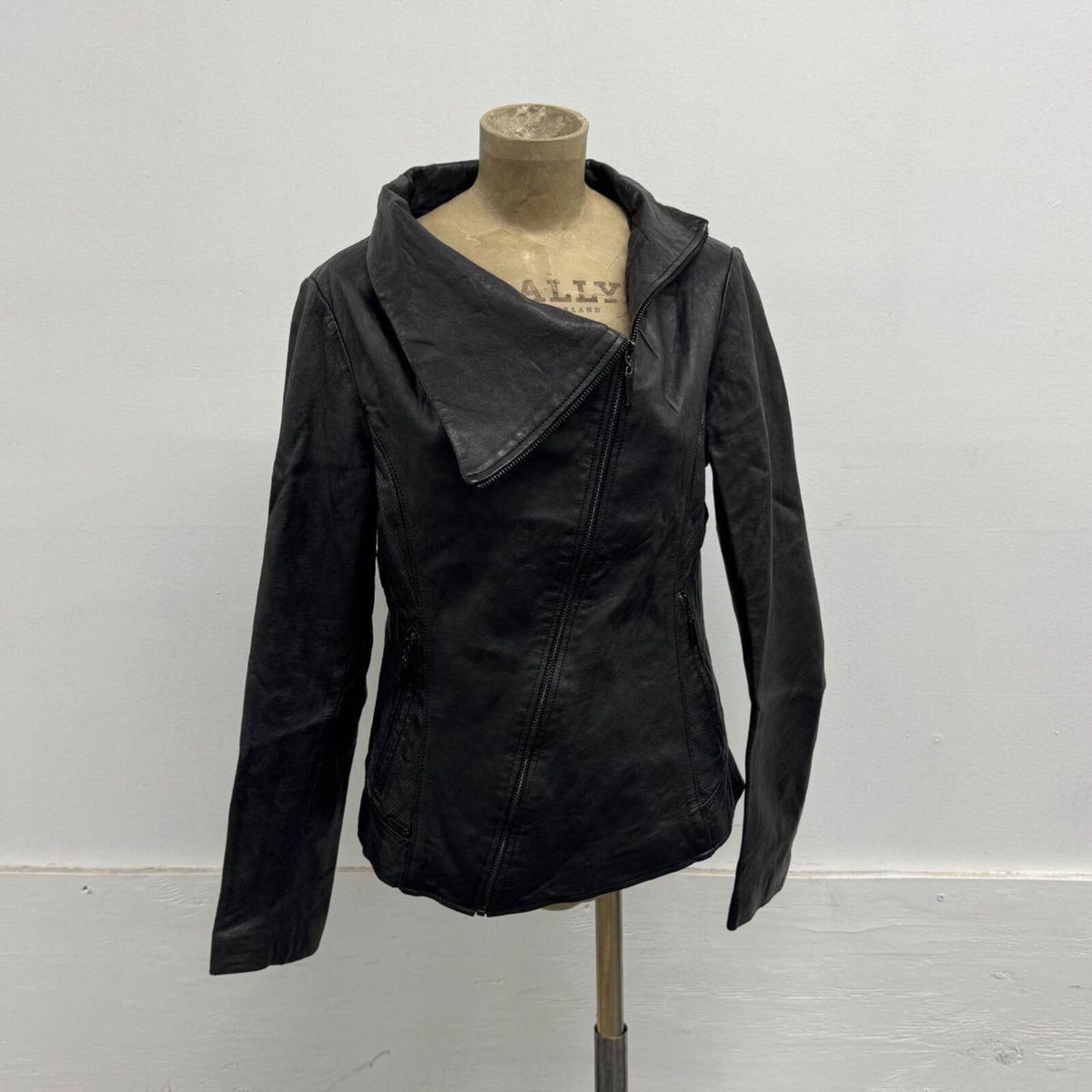 Vintage Black Funnel Neck Asymmetric Avant Garde Leather Jacket
