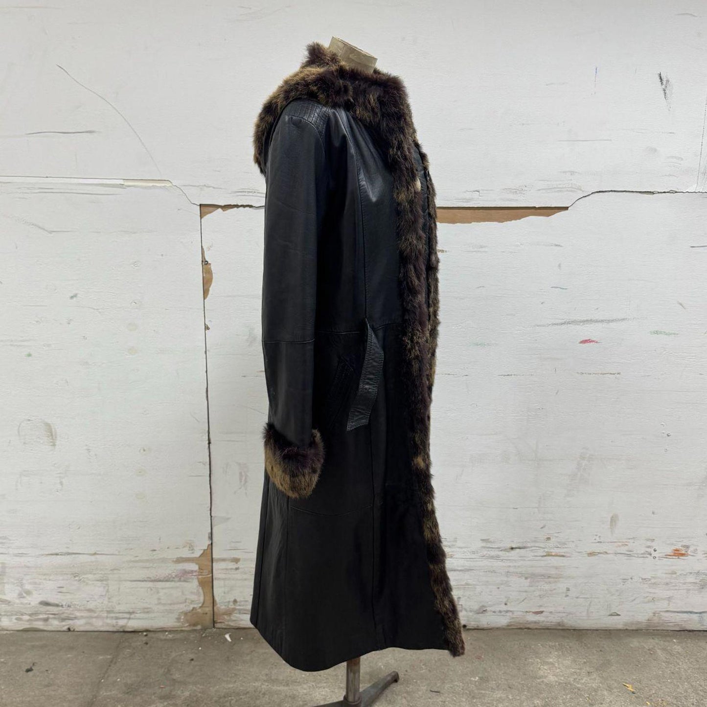 90s Vintage Kri-u Leather & Rabbit Fur Hooded Trench Coat