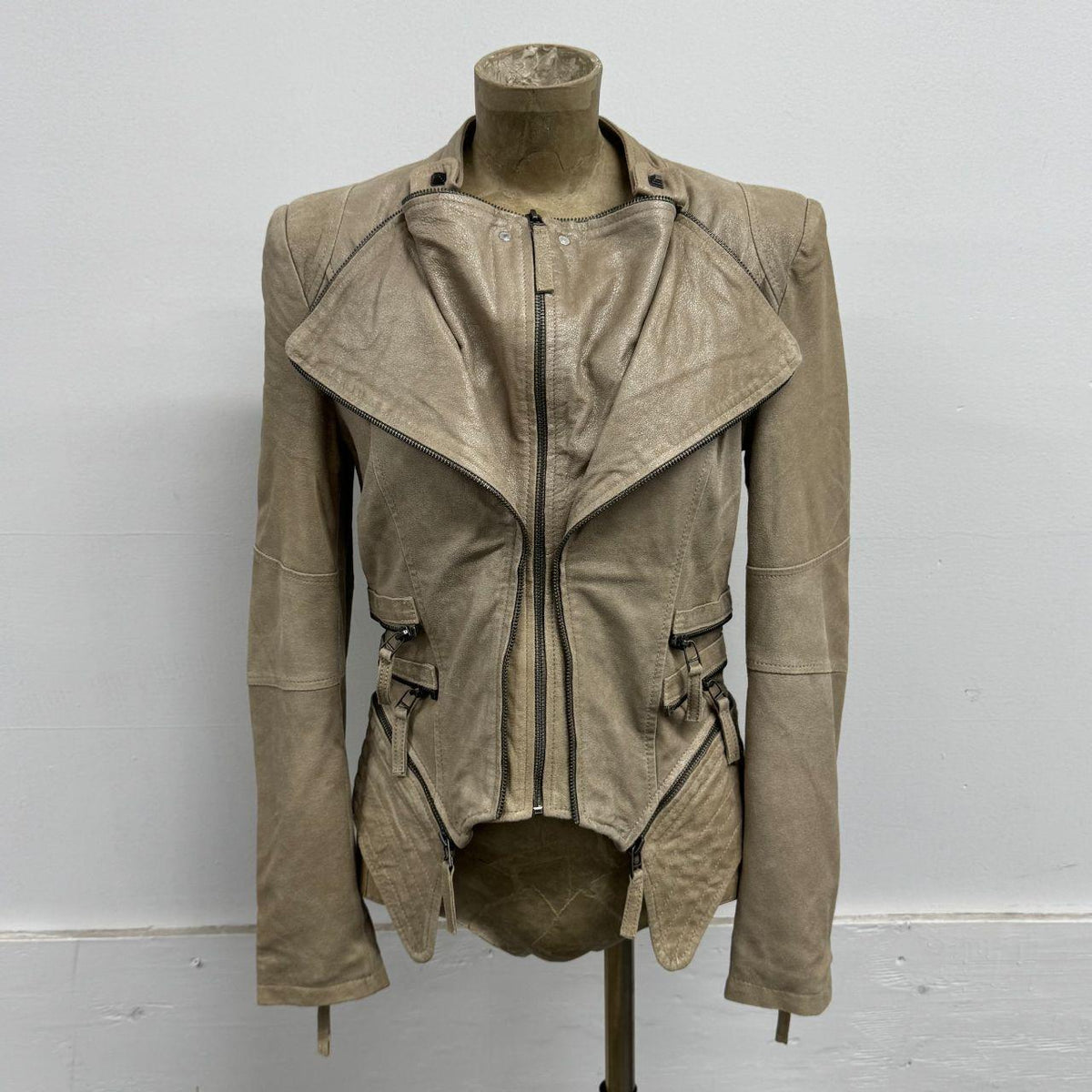 Vintage Beige Funnel Neck Multi-Way Avant Garde Leather Jacket
