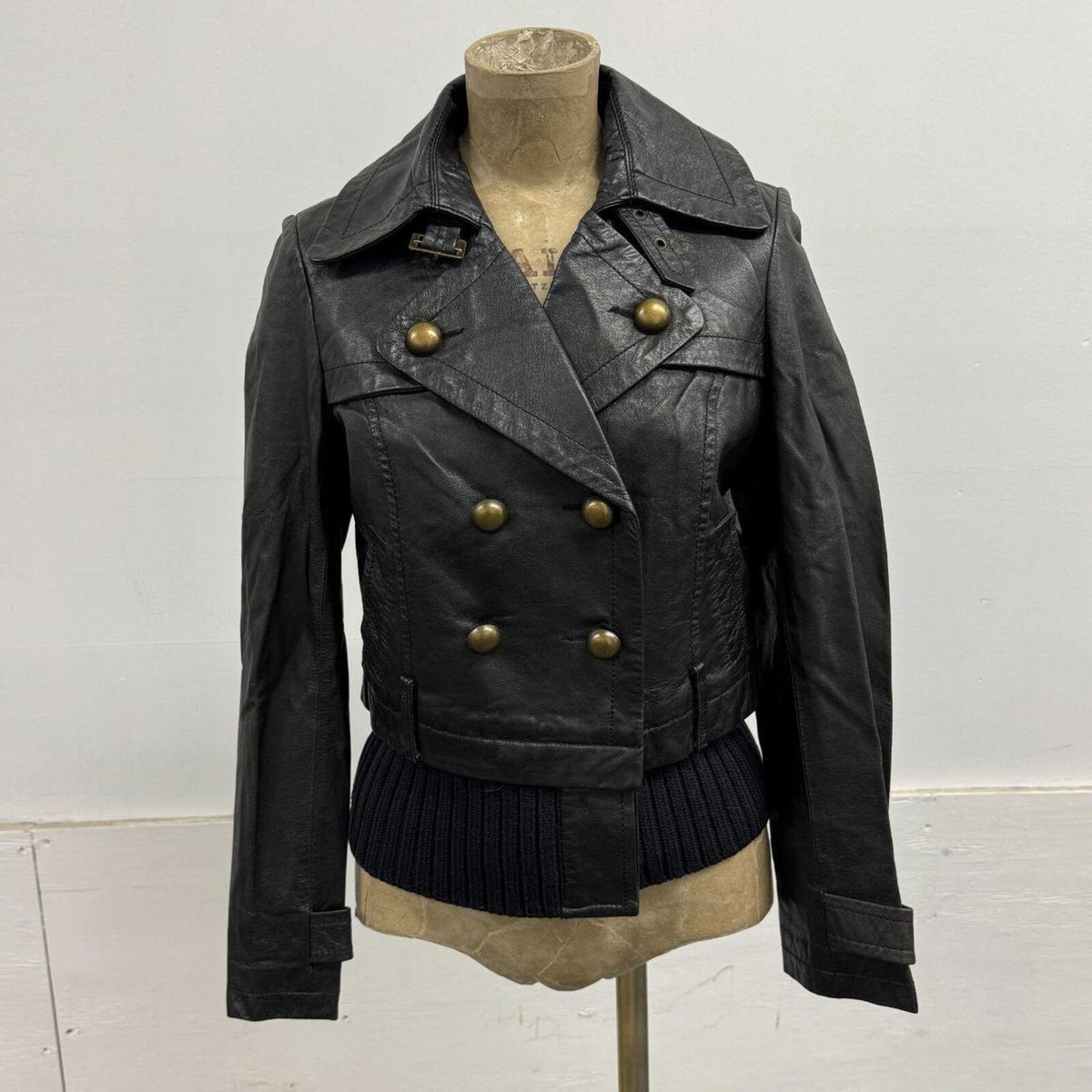 Vintage Black Military Trench Knit Hem Leather Jacket