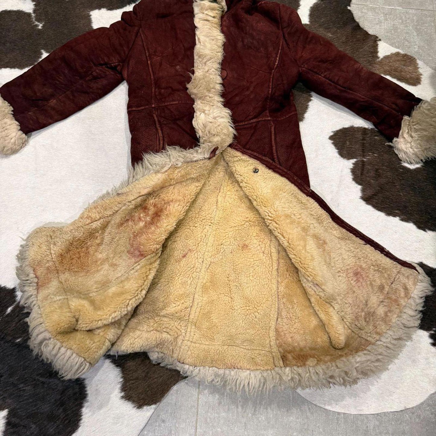 70s Vtg Red Suede Sheepskin Penny Lane Afghan Trench Coat