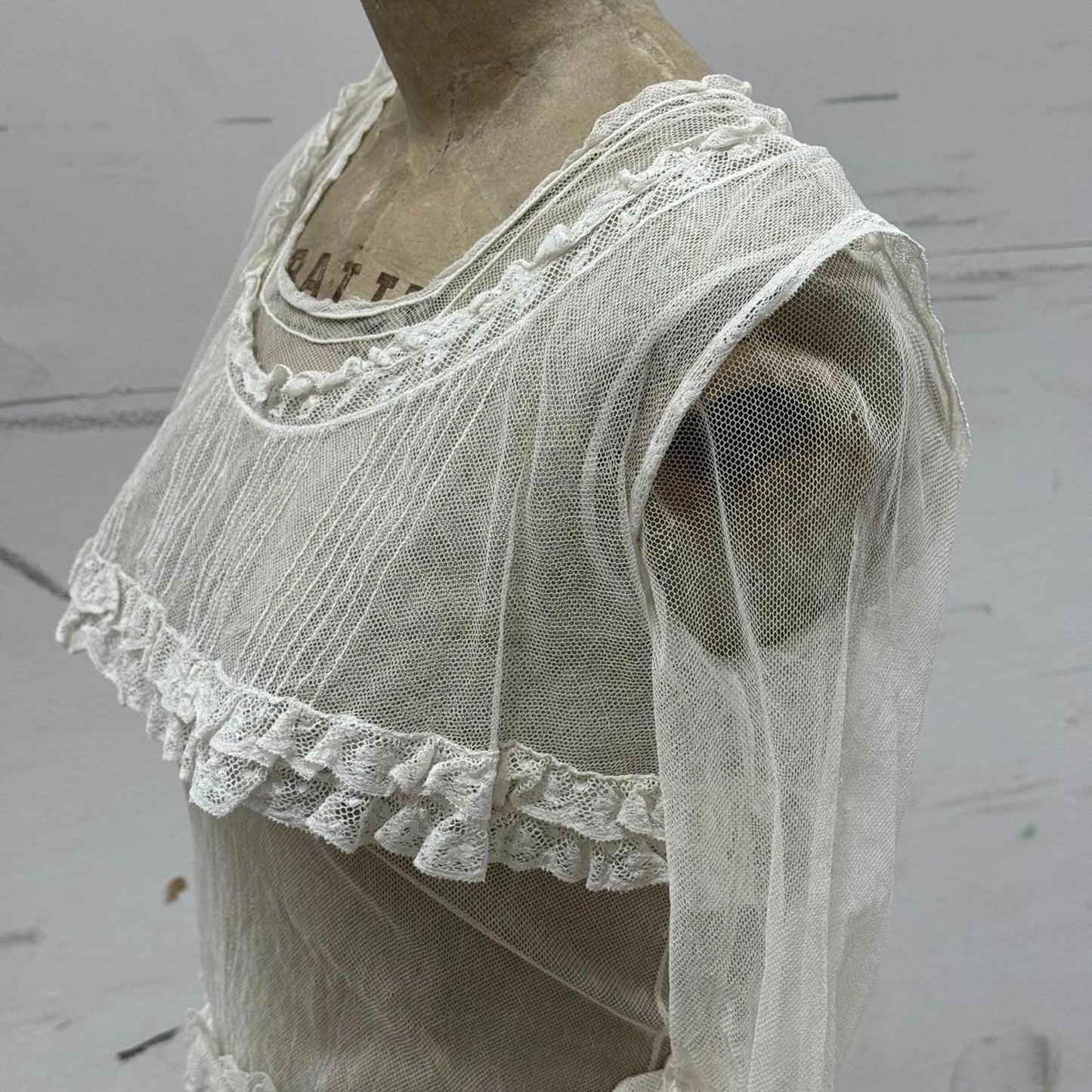 Edwardian Vtg 1910s White Lace Tulle Lingerie Dress Antique