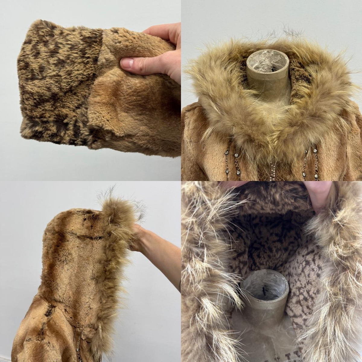 Vintage Y2K Hooded Rhinestone Rabbit & Raccoon Fur Jacket Coat