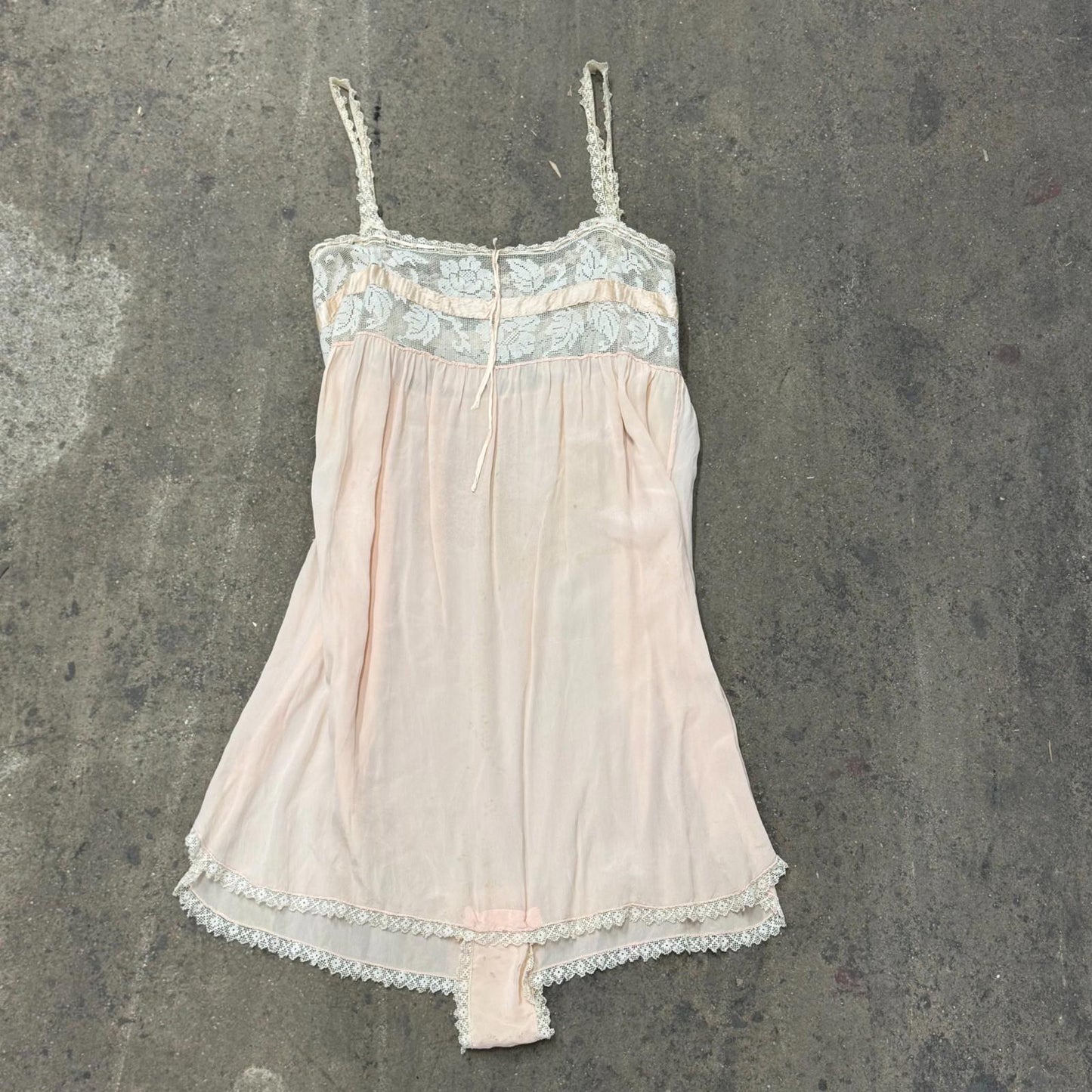 Antique 20s Pink Silk & Filet Lace Step-In Tap Pants Lingerie Teddy Slip Vintage