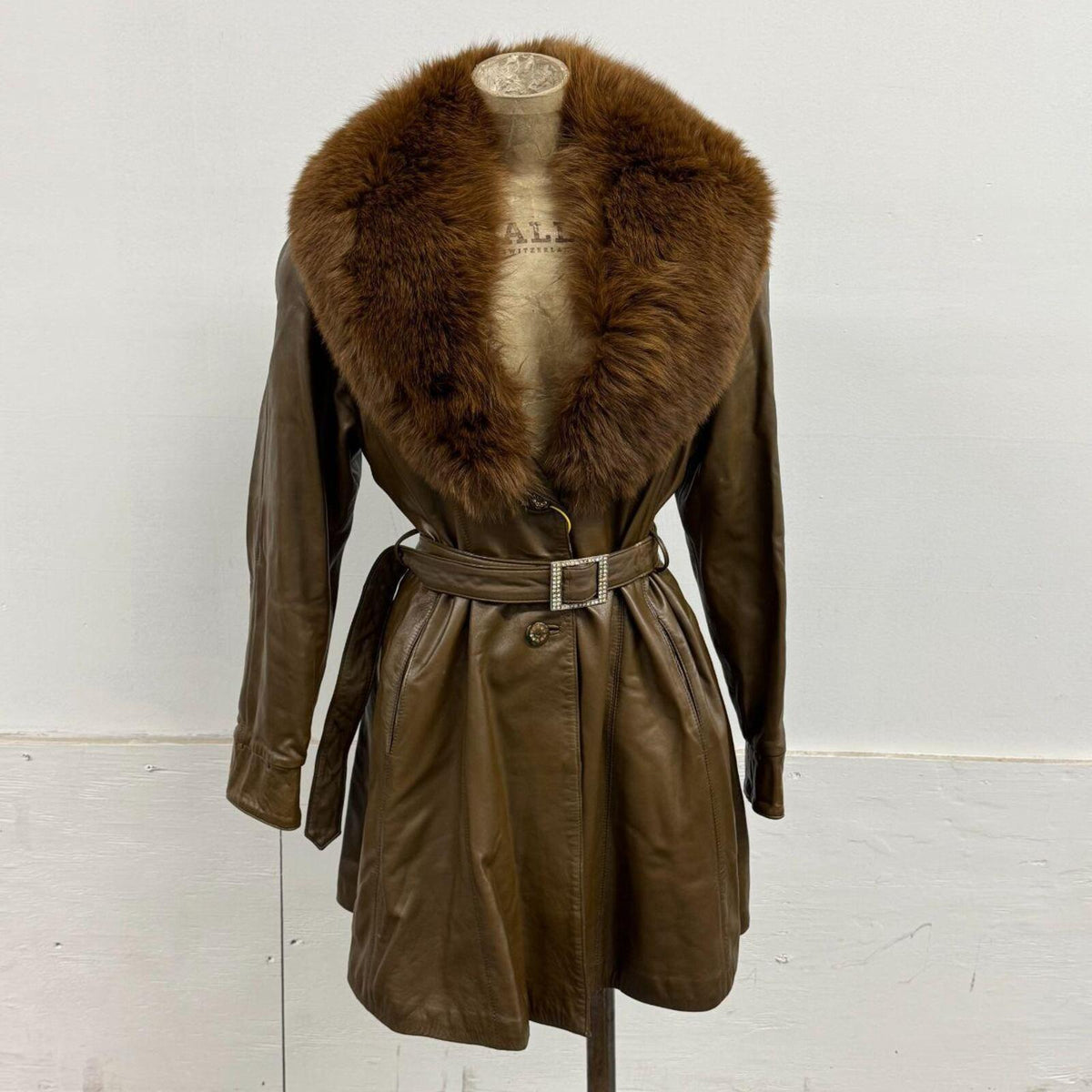 Vintage Y2K Brown Real Leather & Fox Fur "Mob Wife" Trench Coat