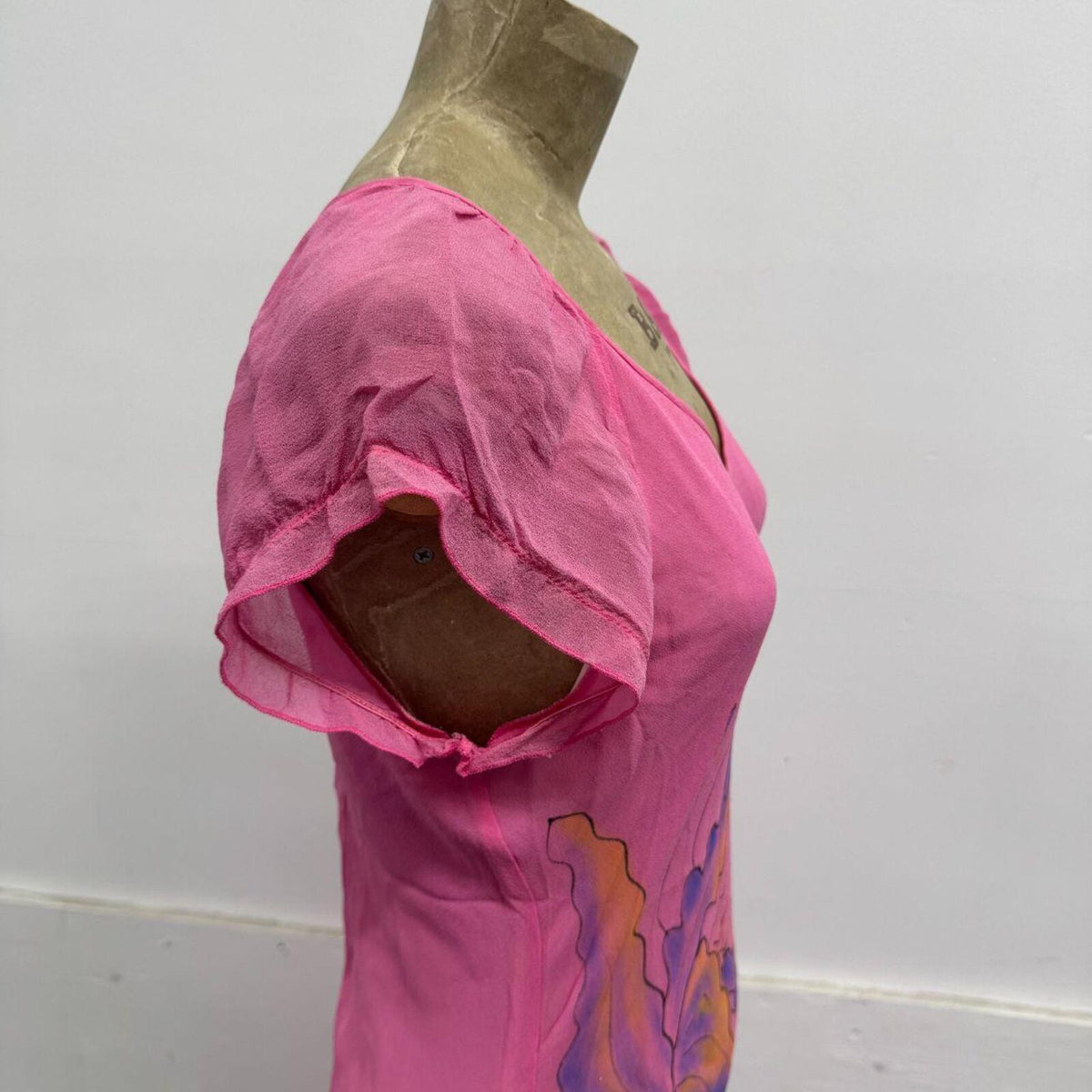 Vintage Y2K Hand-Painted Bubblegum Pink Silk Flutter Midi Dress
