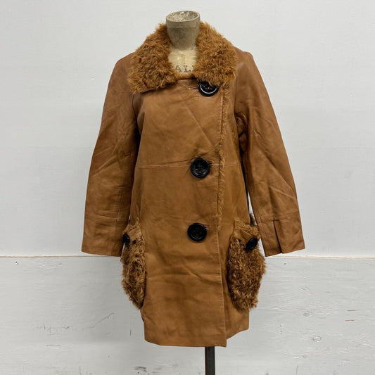 Vintage Camel Tan Leather Shearling Mod Swing Coat w Oversized Buttons