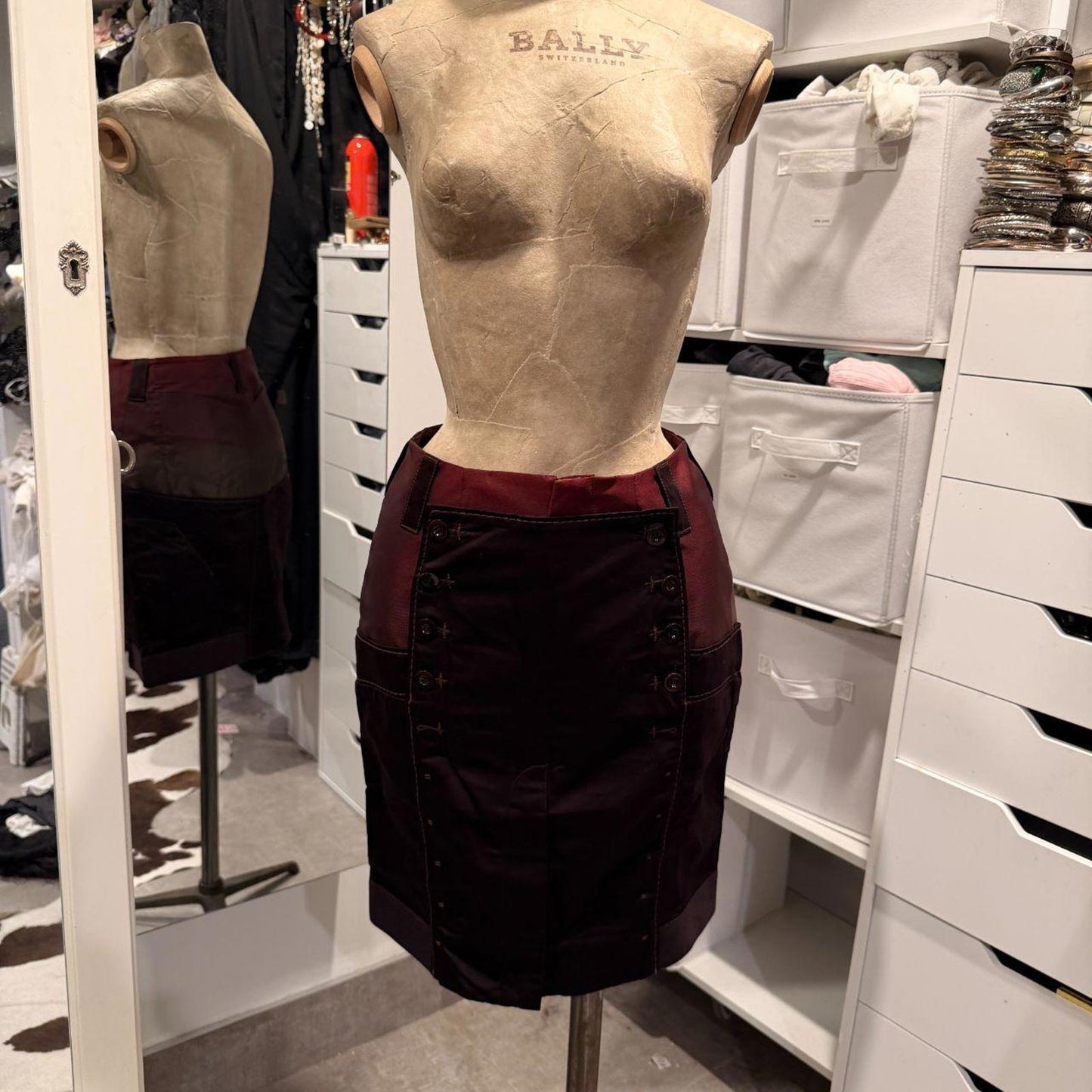 Marithe Francois Girbaud Burgundy Color Block Sailor Button Skirt - Size XS