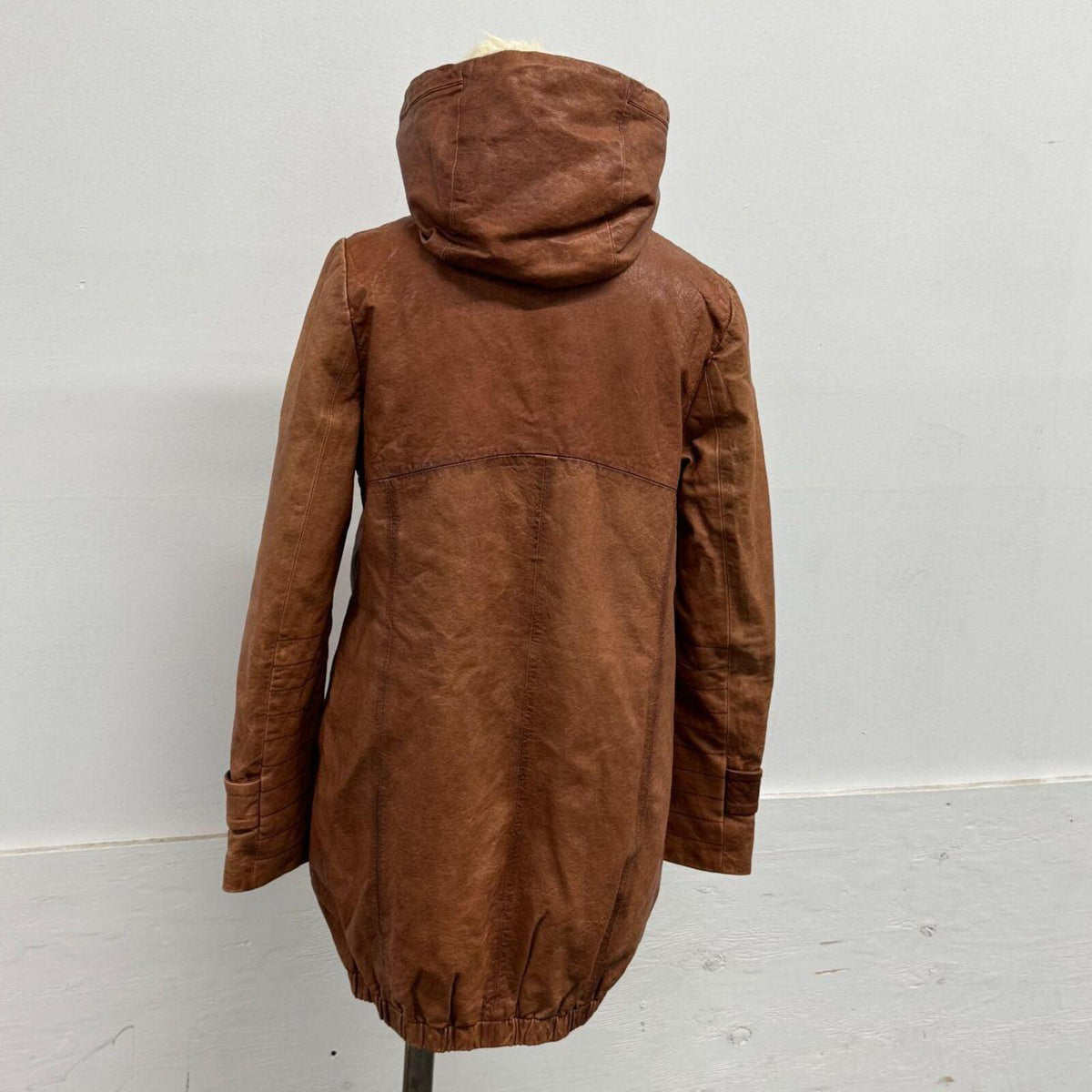 Vintage Tan Funnel Neck Shearling Lined Longline Leather Jacket