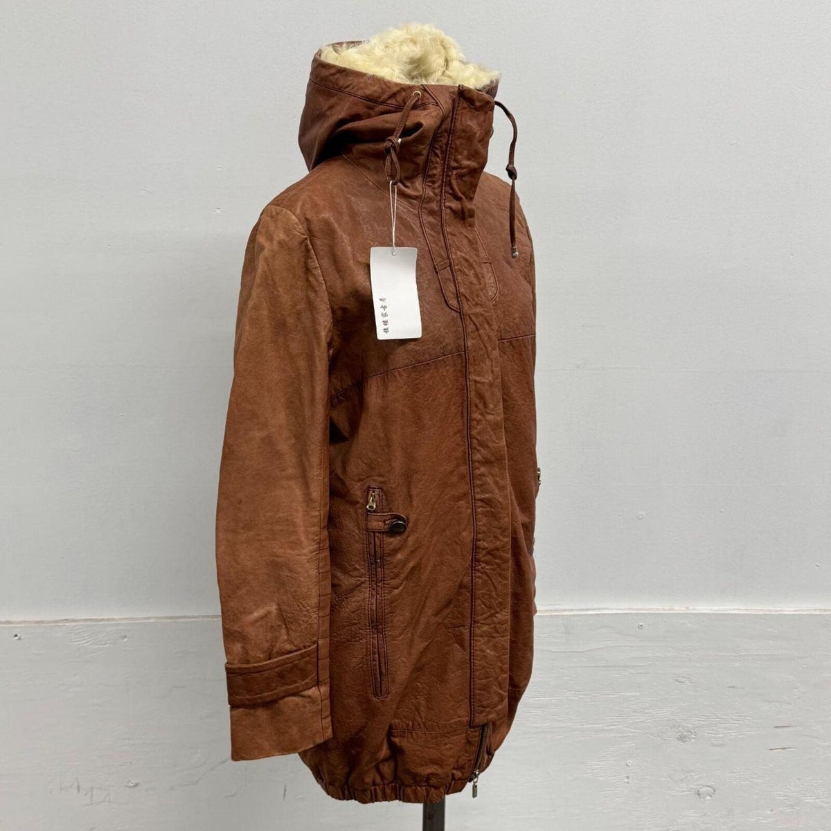 Vintage Tan Funnel Neck Shearling Lined Longline Leather Jacket