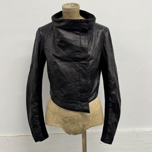 Vintage Black Funnel Neck Asymmetric Crop Avant Garde Leather Jacket