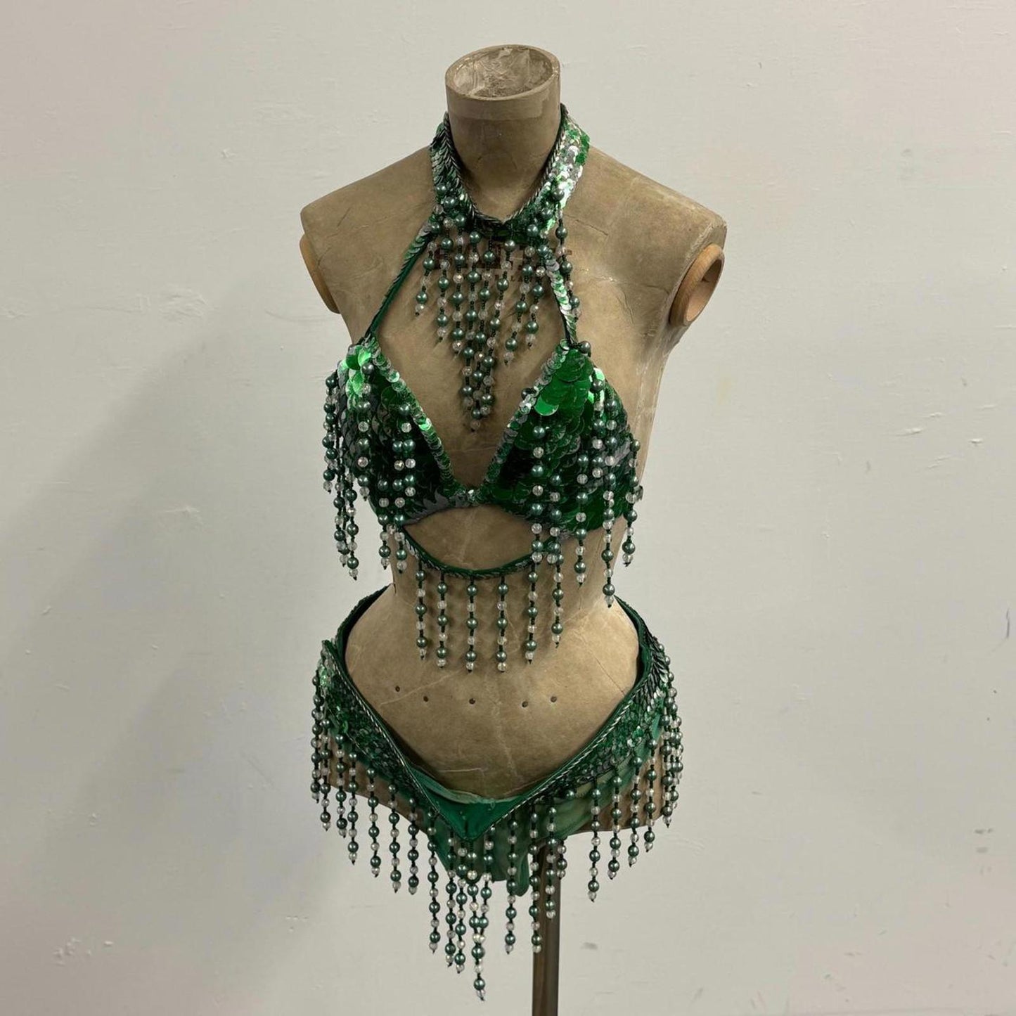 Vintage Green Sequin Showgirl Costume Set – Bra + Belt/Briefs Beaded Fringe