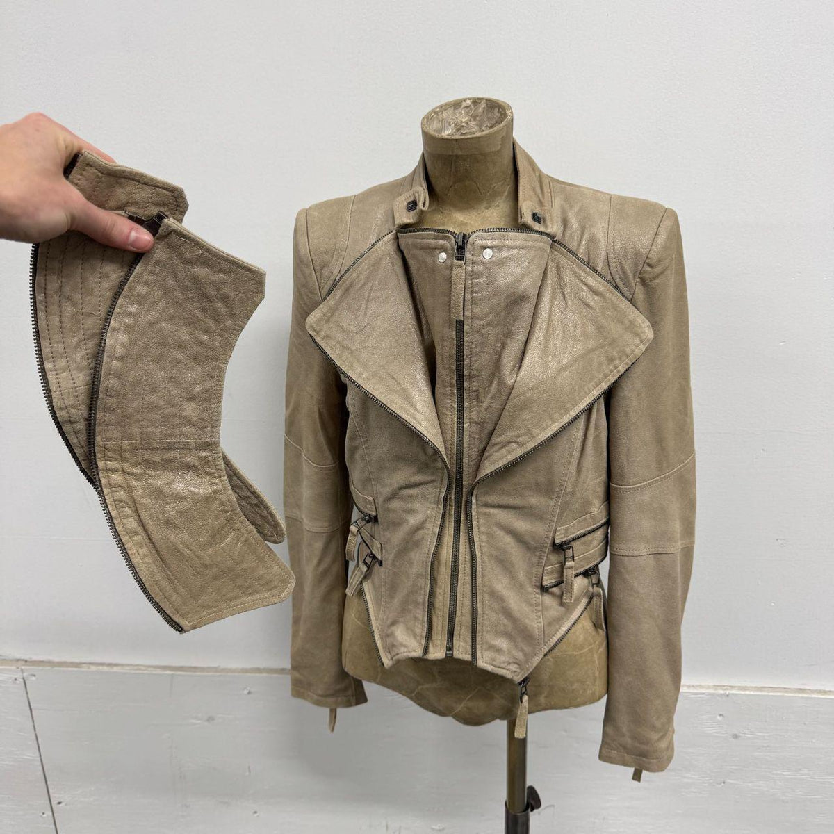 Vintage Beige Funnel Neck Multi-Way Avant Garde Leather Jacket