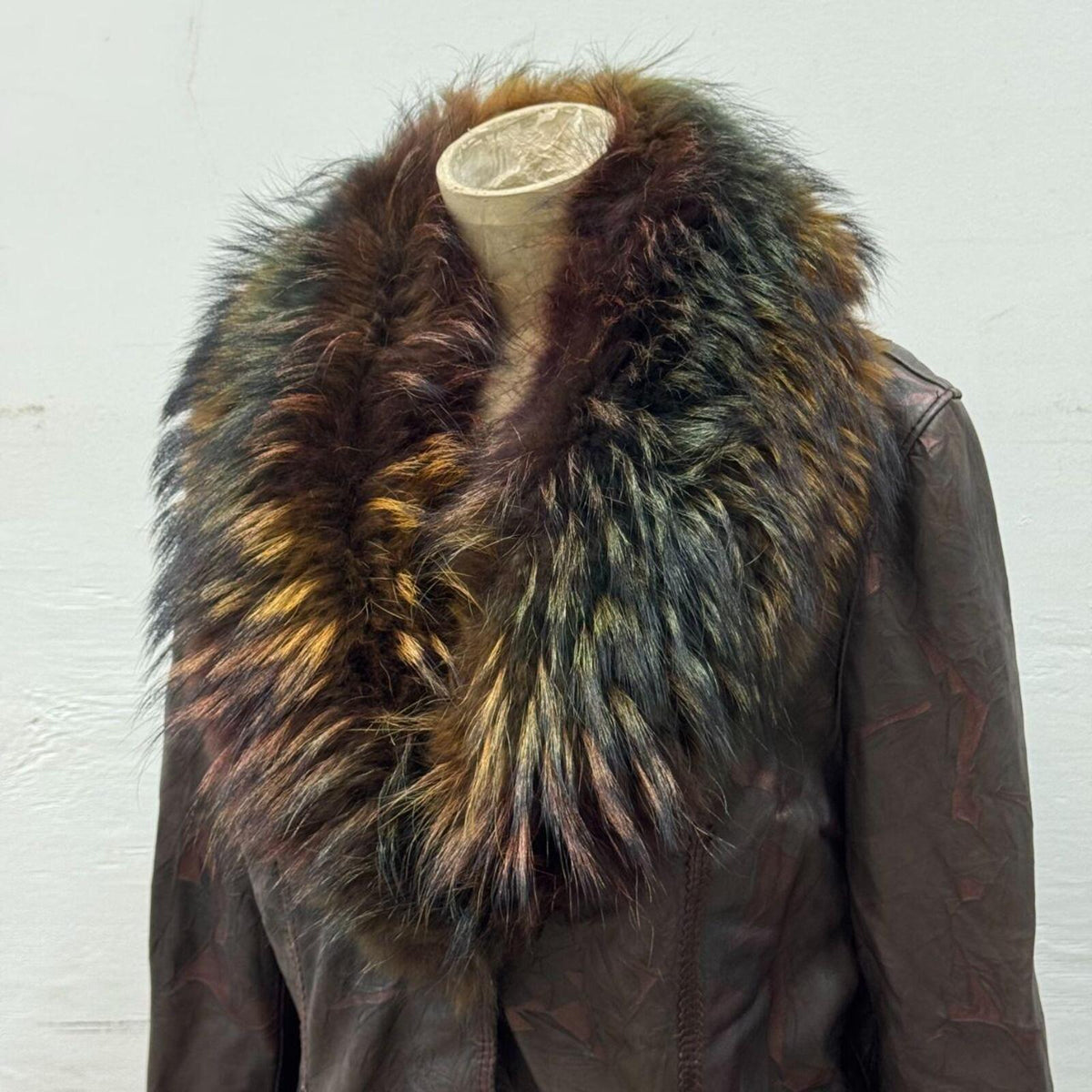 Vintage Y2K Brown Rainbow-Highlight Raccoon & Leather Coat