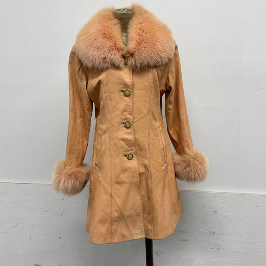 Vintage Y2K Peach Leather Afghan Trench Coat w Fox Fur Trim
