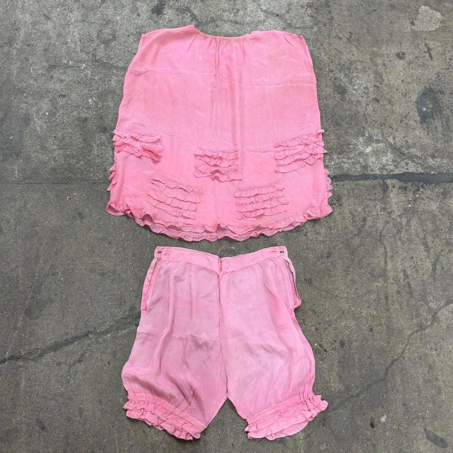 Vintage 1920s Pink Silk Ruffle Bloomers Lingerie Set