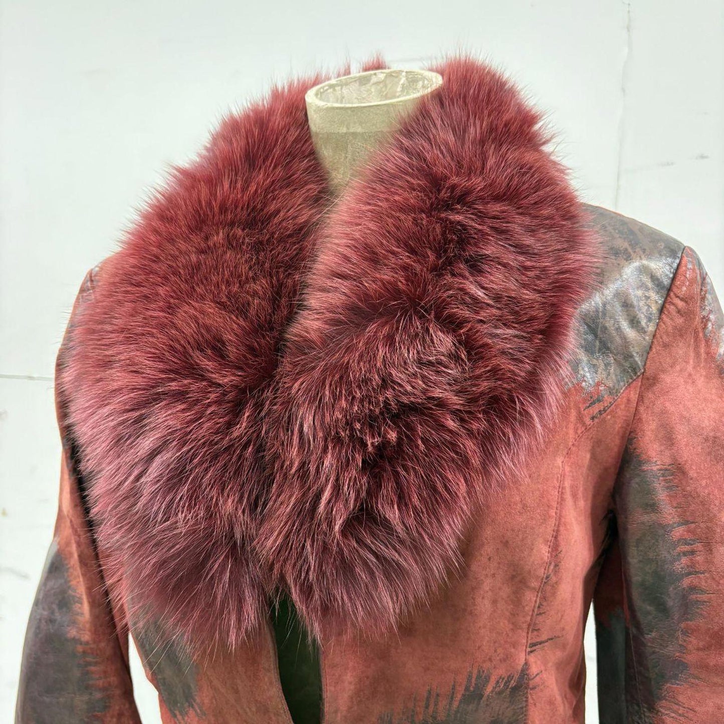 Y2K Vintage Red Patchwork Suede Moto Jacket Fox Fur Collar