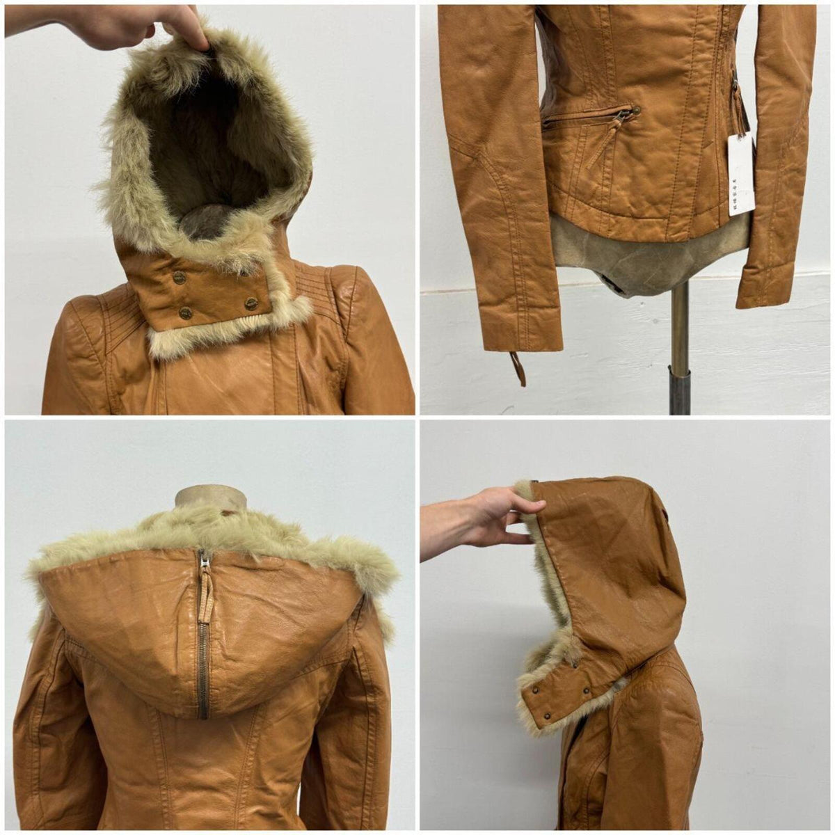 Vintage Tan Rabbit Fur Split Hood Multi-wear Asymmetrical Leather Jacket