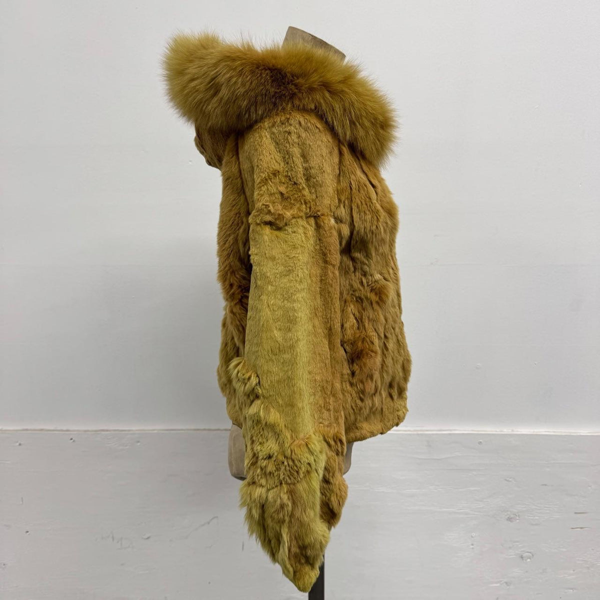 Vintage Y2K Hooded Gold Rabbit & Fox Fur Jacket Coat