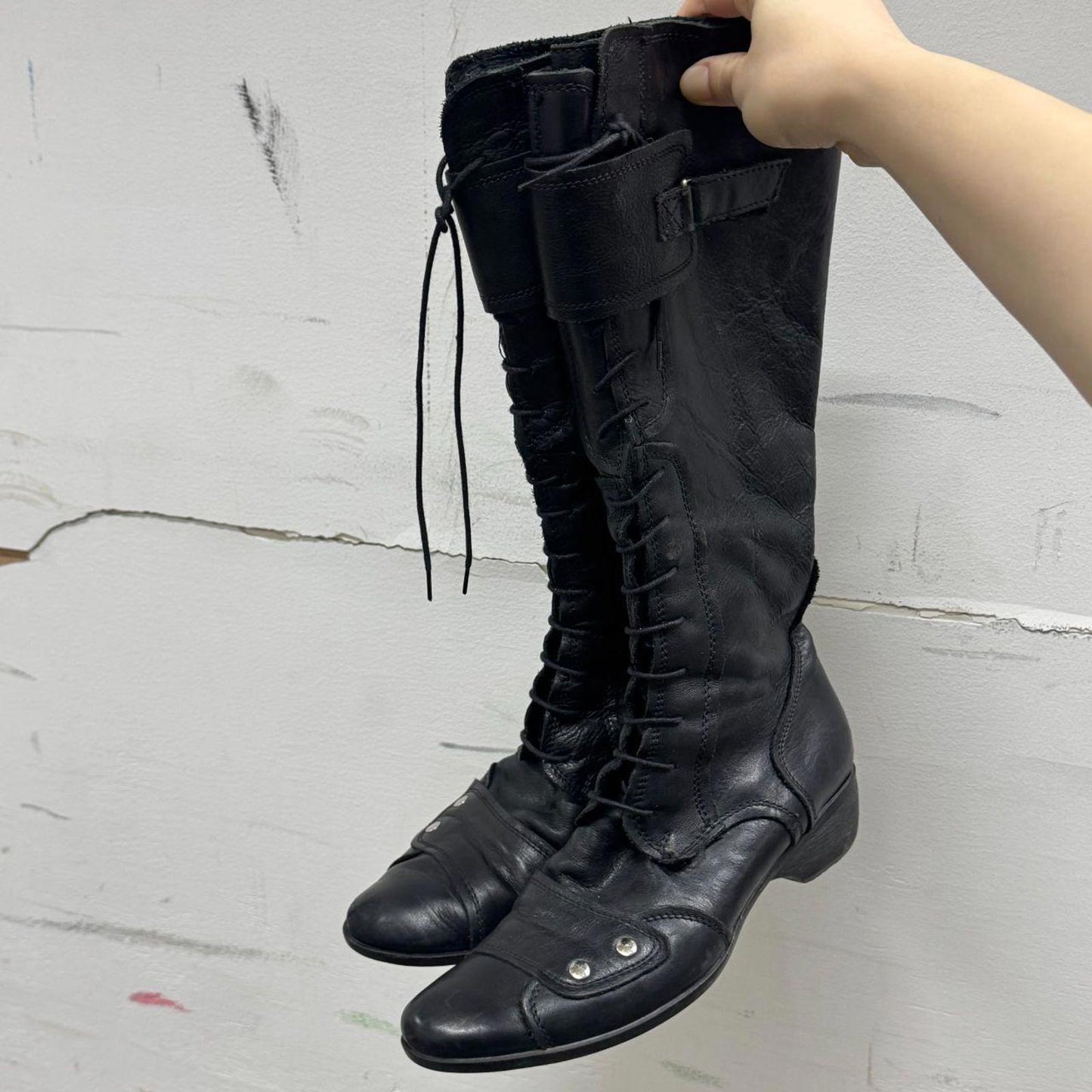 Vintage Luzzi Black Genuine Leather Lace-Up Tall Biker Boots