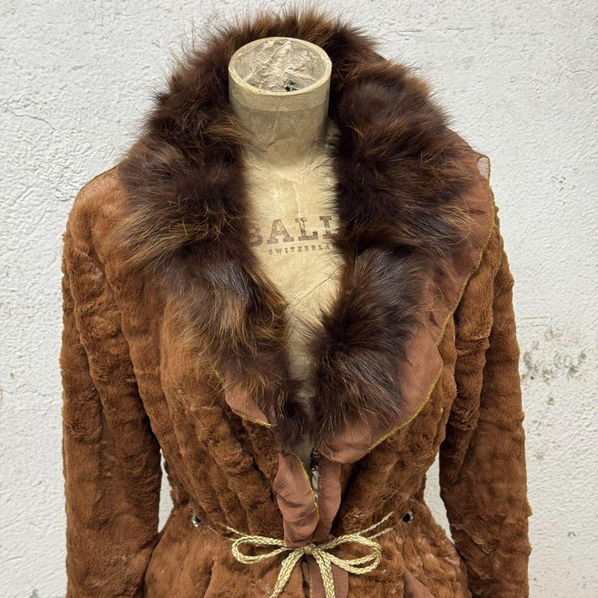 Vintage Brown Rabbit Fur Jacket with Chiffon Panels & Fox Collar Coat