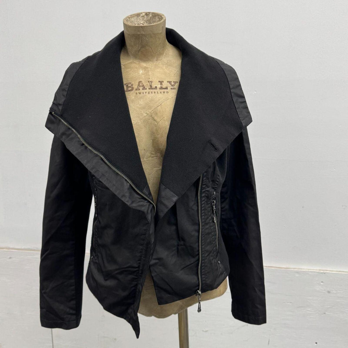 Vintage Black Funnel Neck Asymmetric Avant Garde Leather Jacket