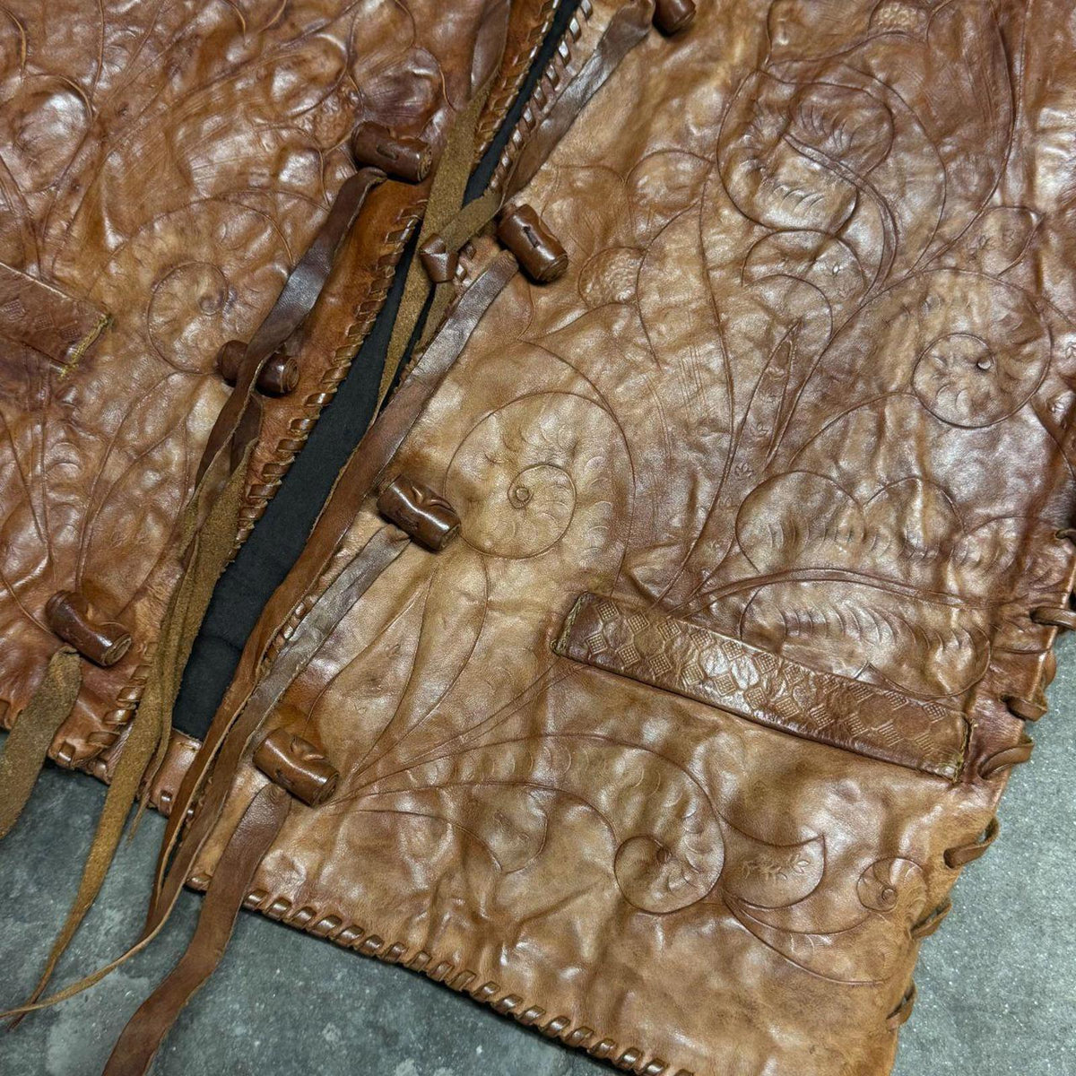 Vintage 60s 70s Leather Western Film Costume Vest Brown Embossed