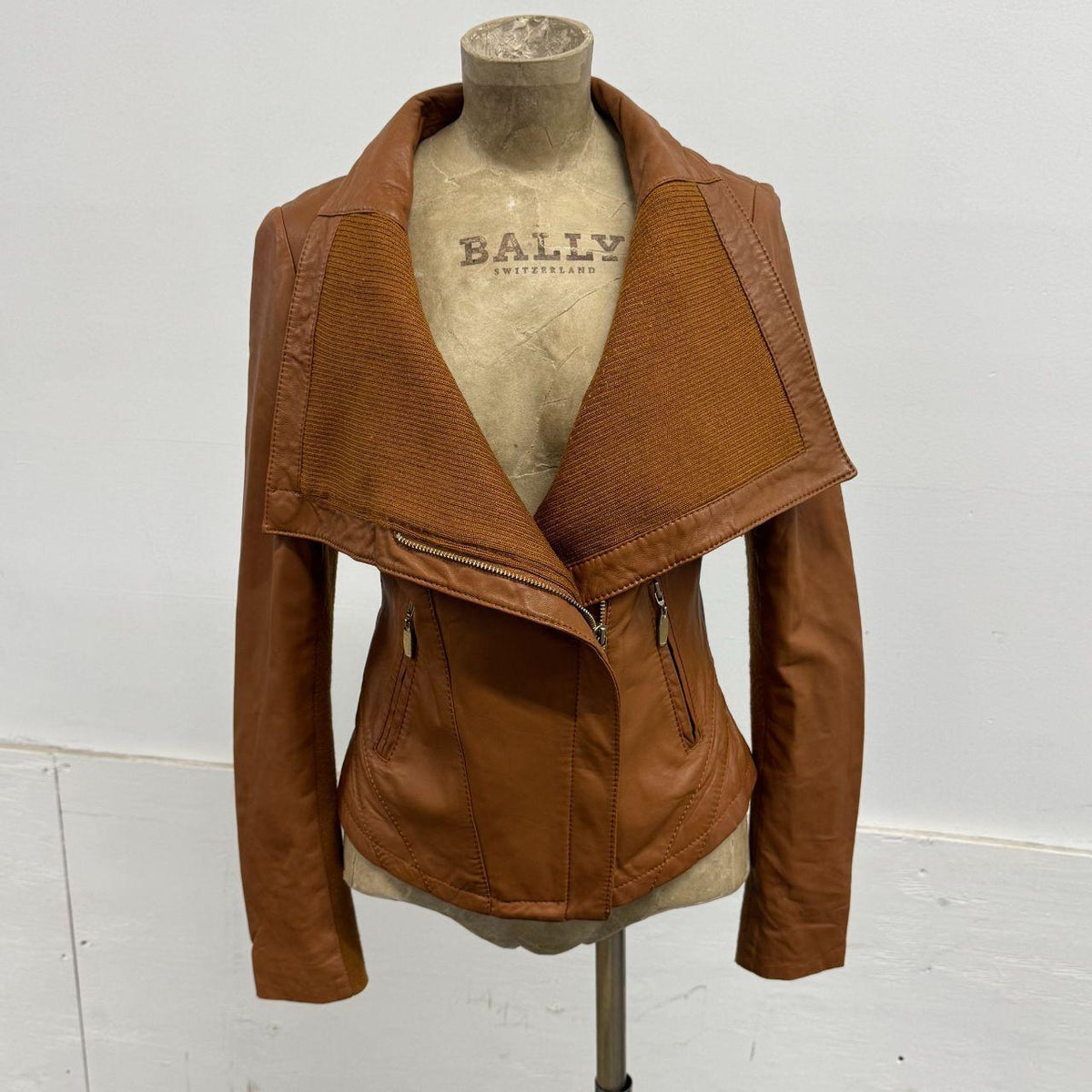 Vintage Tan Brown Funnel Neck Asymmetric Avant Garde Leather Jacket