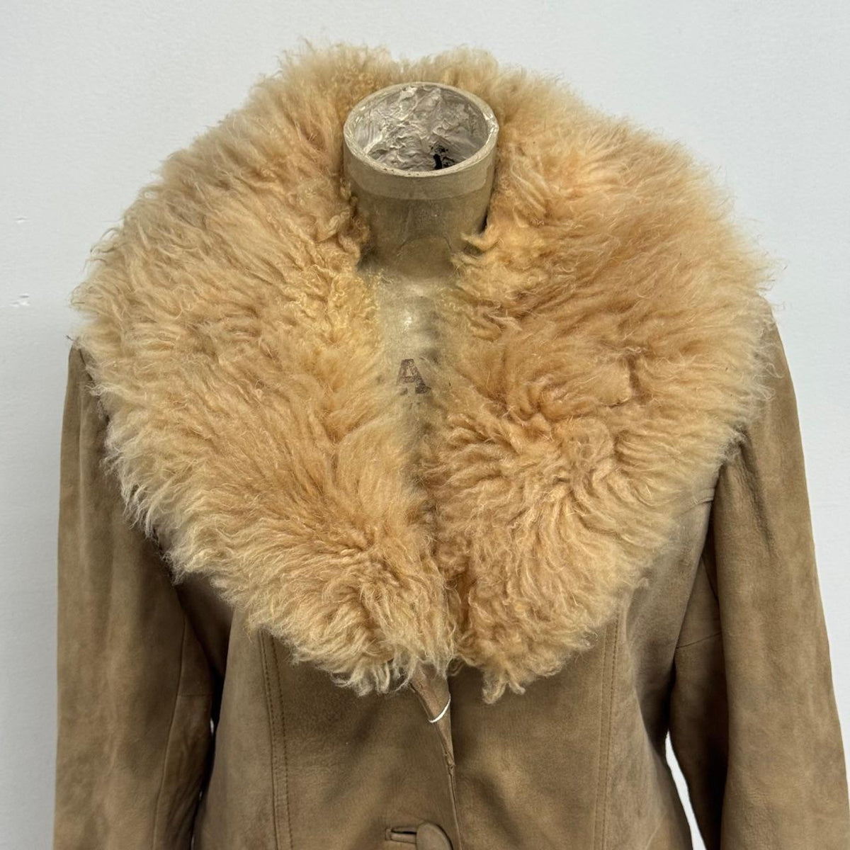 Vintage 1970s Tan Suede Afghan Trench Coat Mongolian Lamb Trim