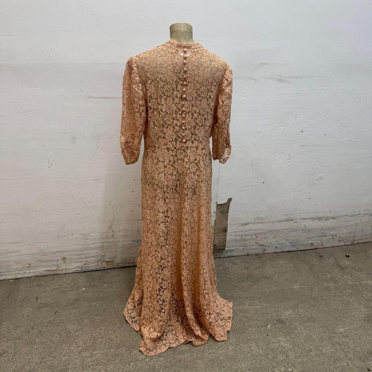 Vintage Broadway Costume 30s Antique Peach Lace Maxi Gown Dress
