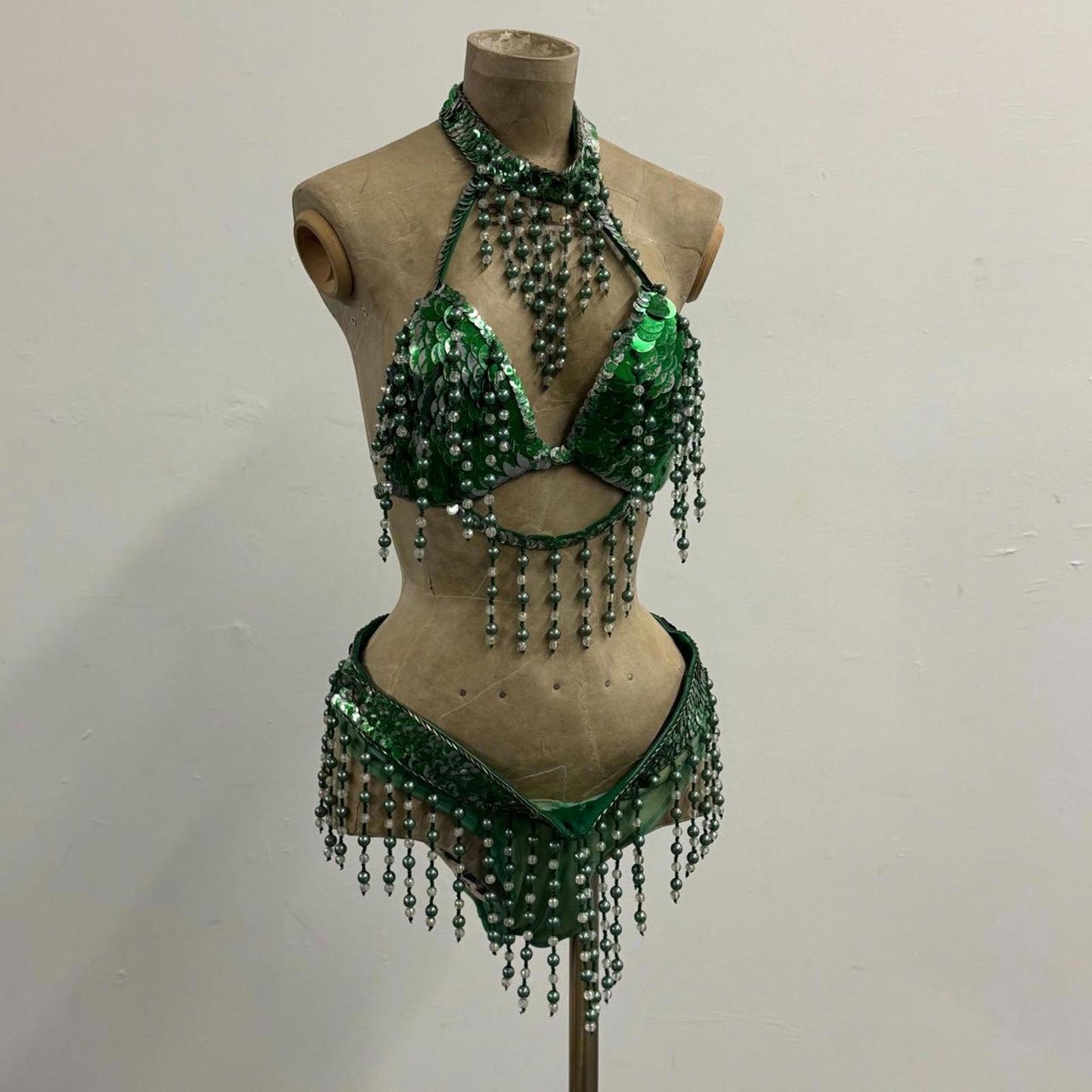Vintage Green Sequin Showgirl Costume Set – Bra + Belt/Briefs Beaded Fringe