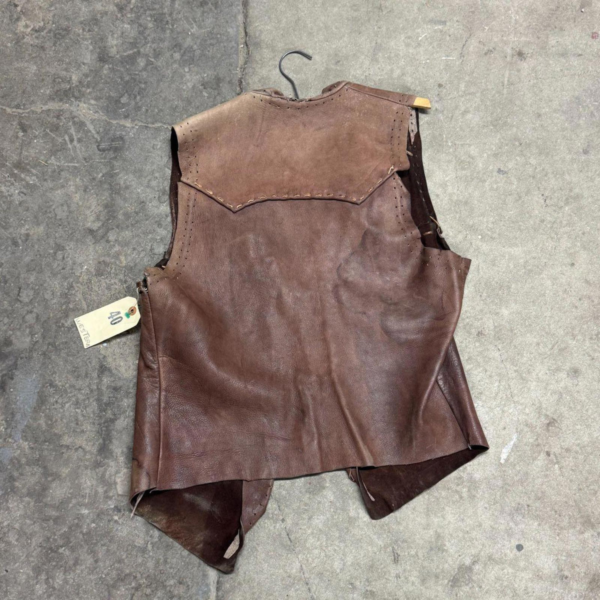 Vintage 60s 70s Leather Western Film Costume Vest Brown Thrashed Distressed