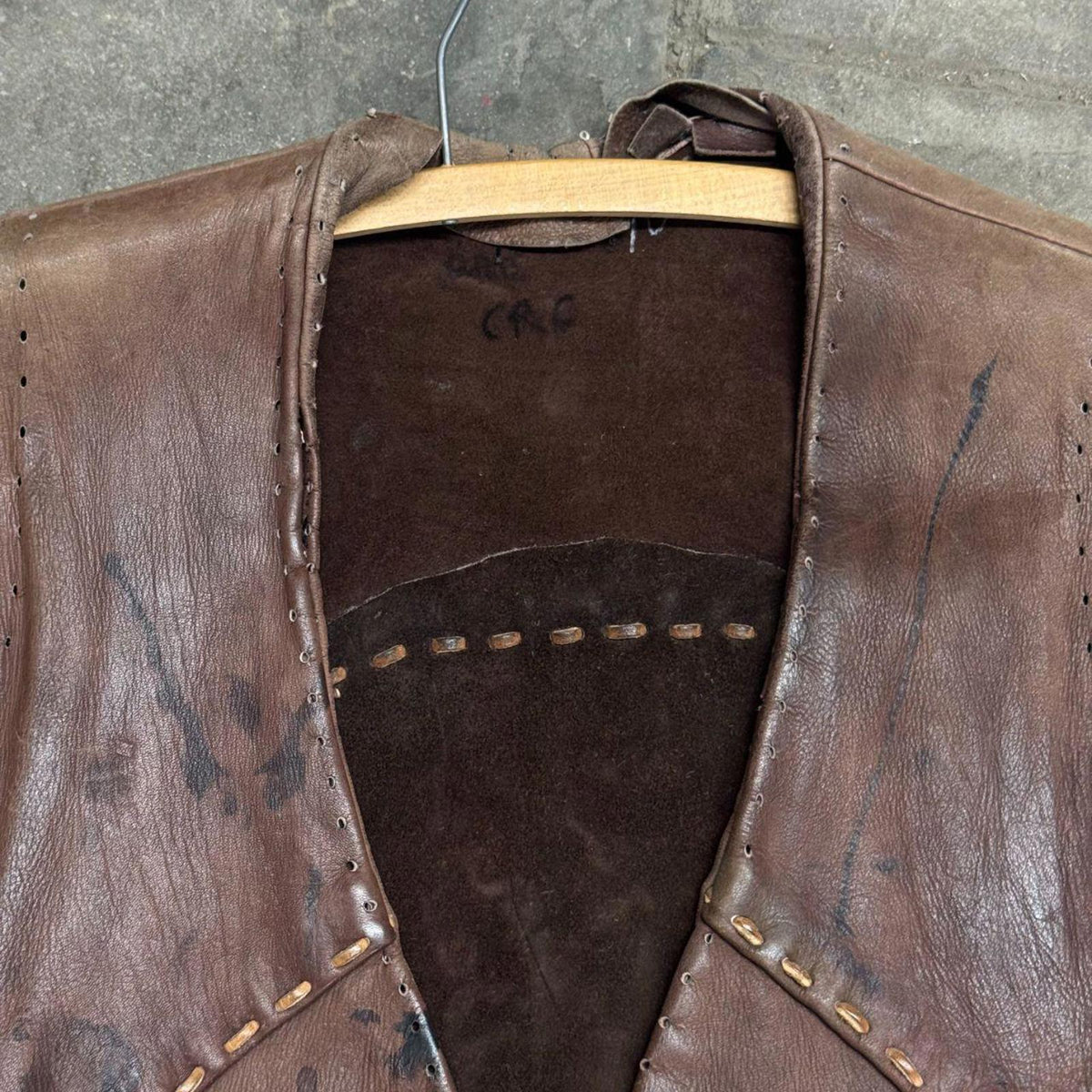 Vintage 60s 70s Leather Western Film Costume Vest Brown Thrashed Distressed