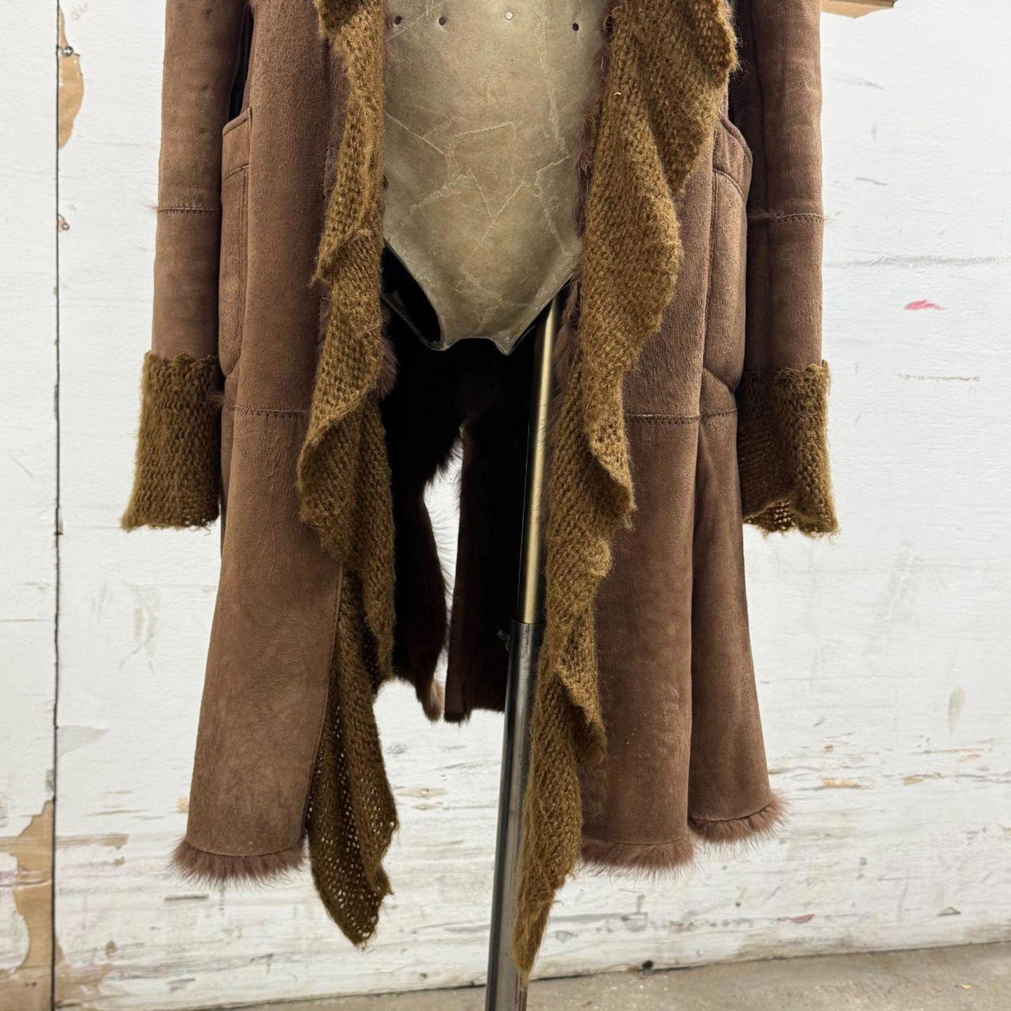 Y2K Vintage Stefanel Genuine Leather Suede & Rabbit Fur Brown Longline Jacket