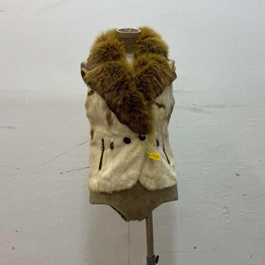 Y2K Vintage Genuine Fur Industrial Vest Cream Brown