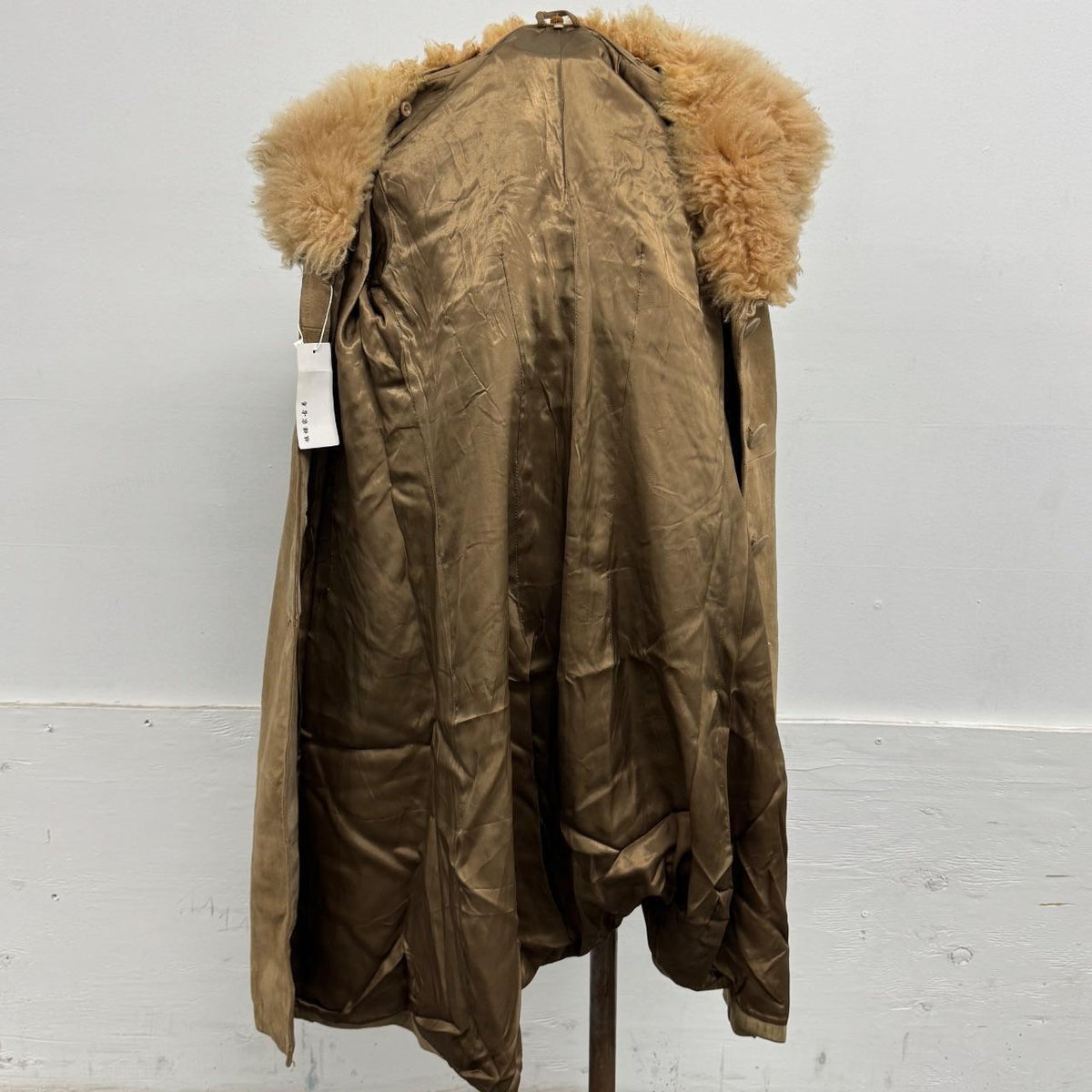 Vintage 1970s Tan Suede Afghan Trench Coat Mongolian Lamb Trim