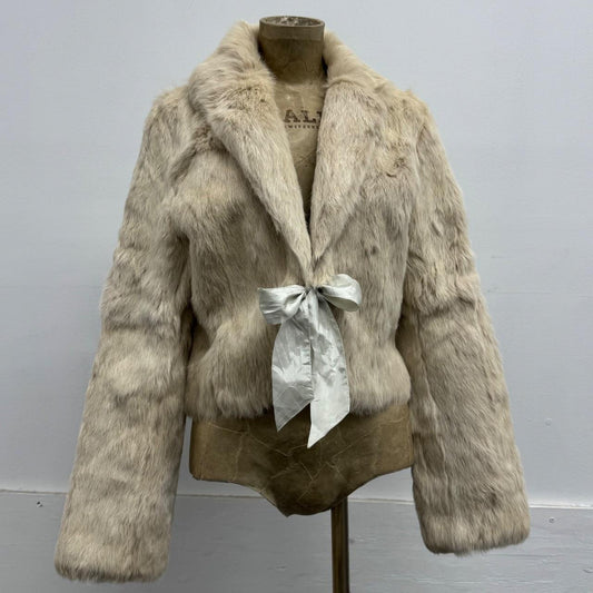 Vintage Y2K Cream Rabbit  Fur Cropped Bolero Jacket Coat