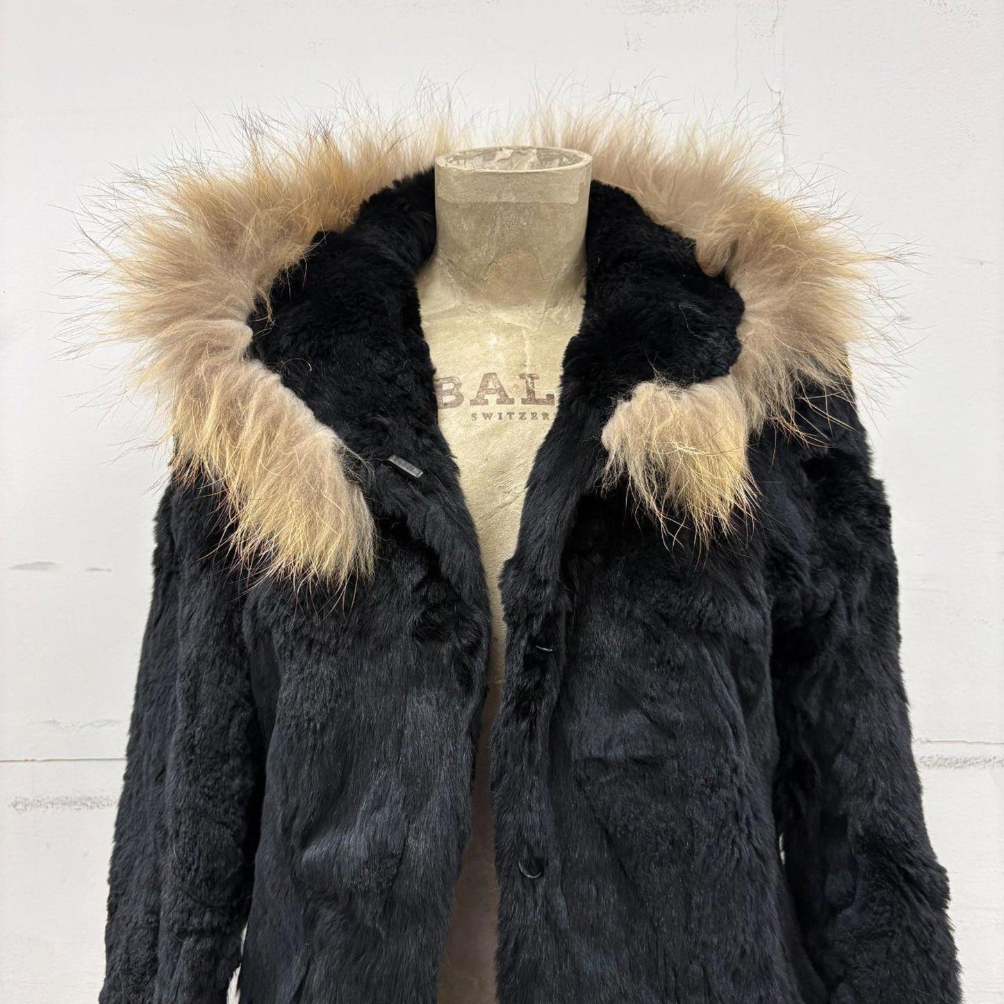 Vintage Y2K Jet Black Rabbit & Fox Fur Hooded Jacket