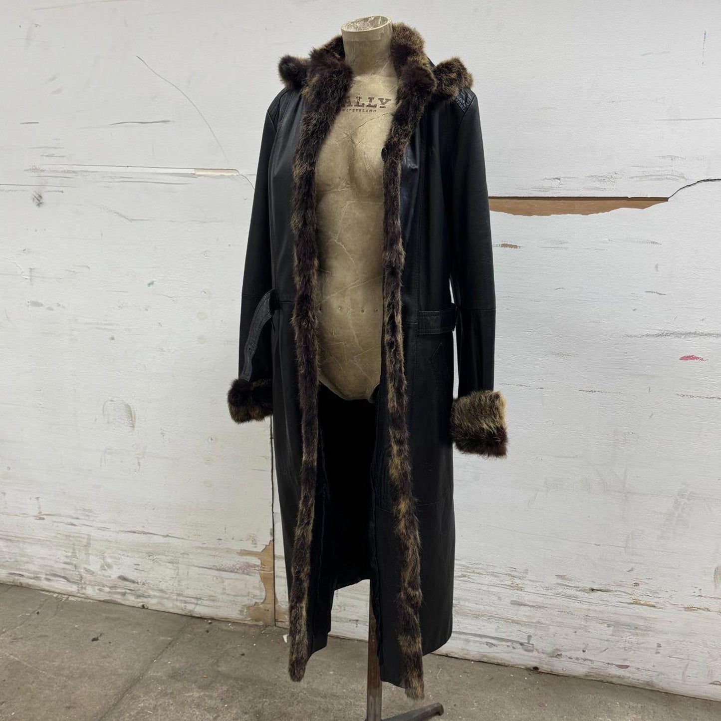 90s Vintage Kri-u Leather & Rabbit Fur Hooded Trench Coat