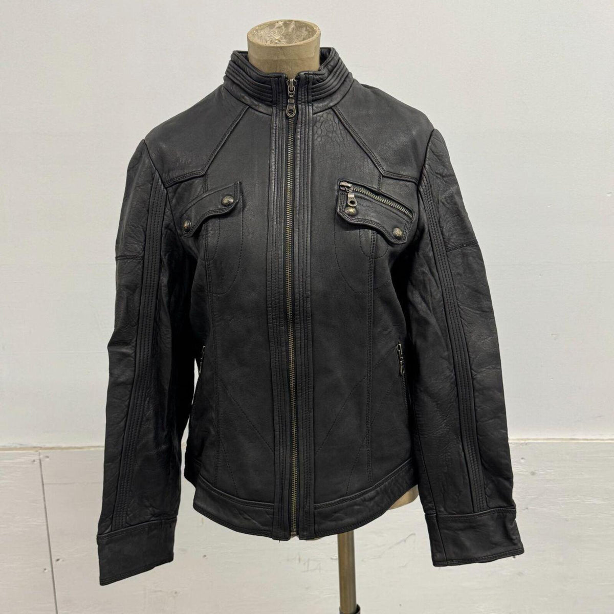 Vintage Black Paneled Leather Racer Moto Jacket L