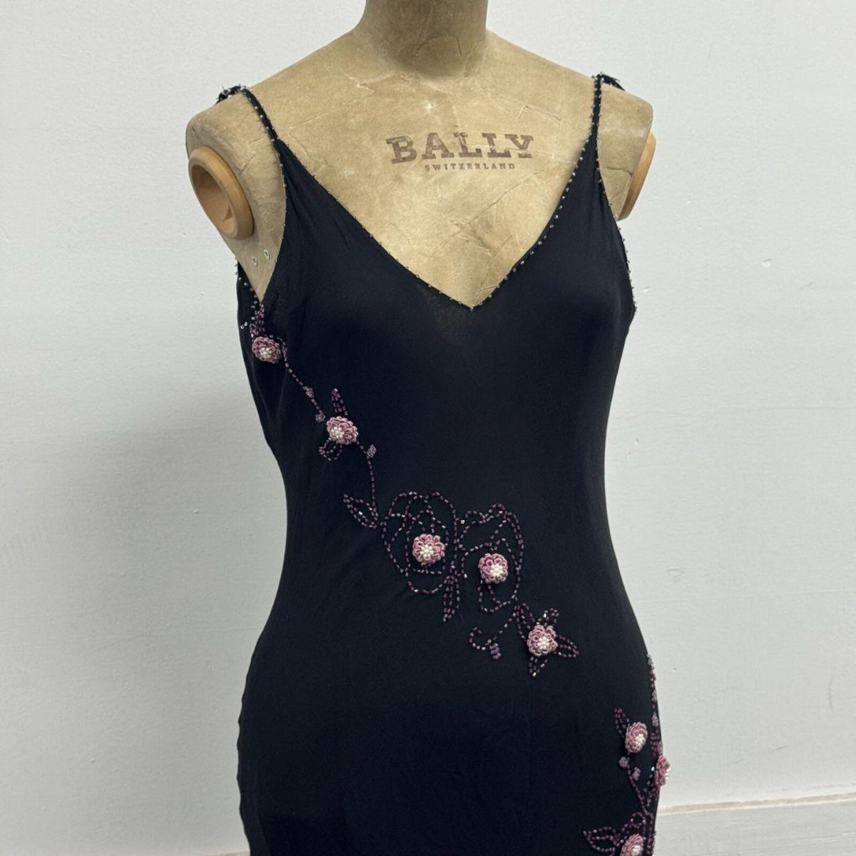 Vintage Y2K I.C.E. 3D Beaded Floral Black Silk Midi Dress