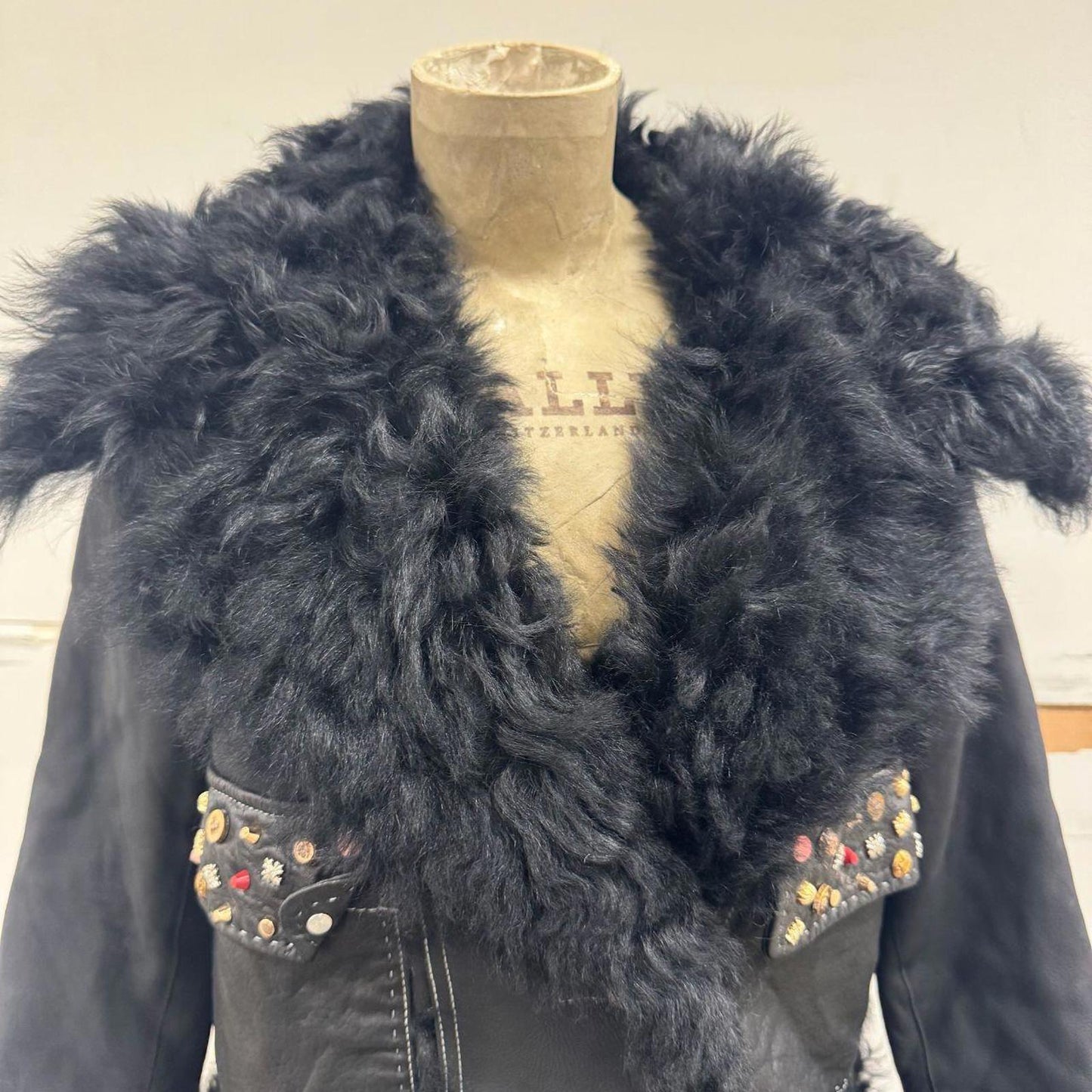 Vintage Black Gold Embellished Leather & Shearling Statement Jacket