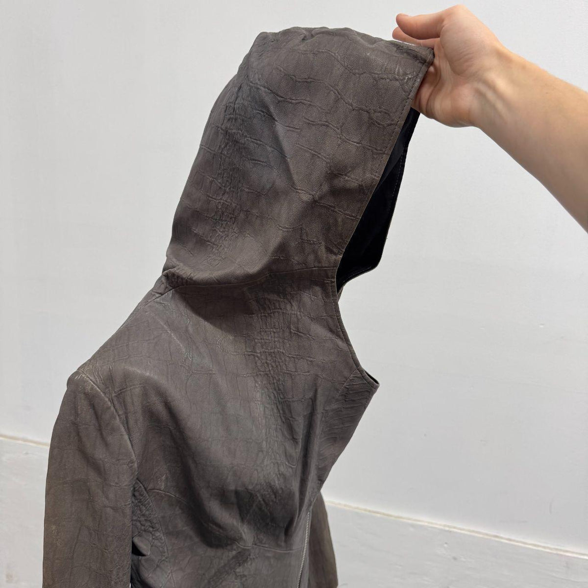 Vintage Grey Draped Embossed Asymmetric Avant Garde Leather Jacket