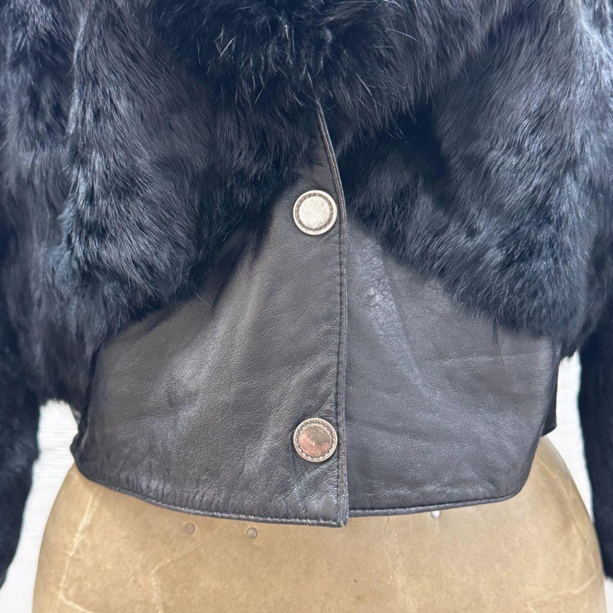 Y2K Vintage Black Rabbit & Fox Fur Leather Crop Jacket Coat